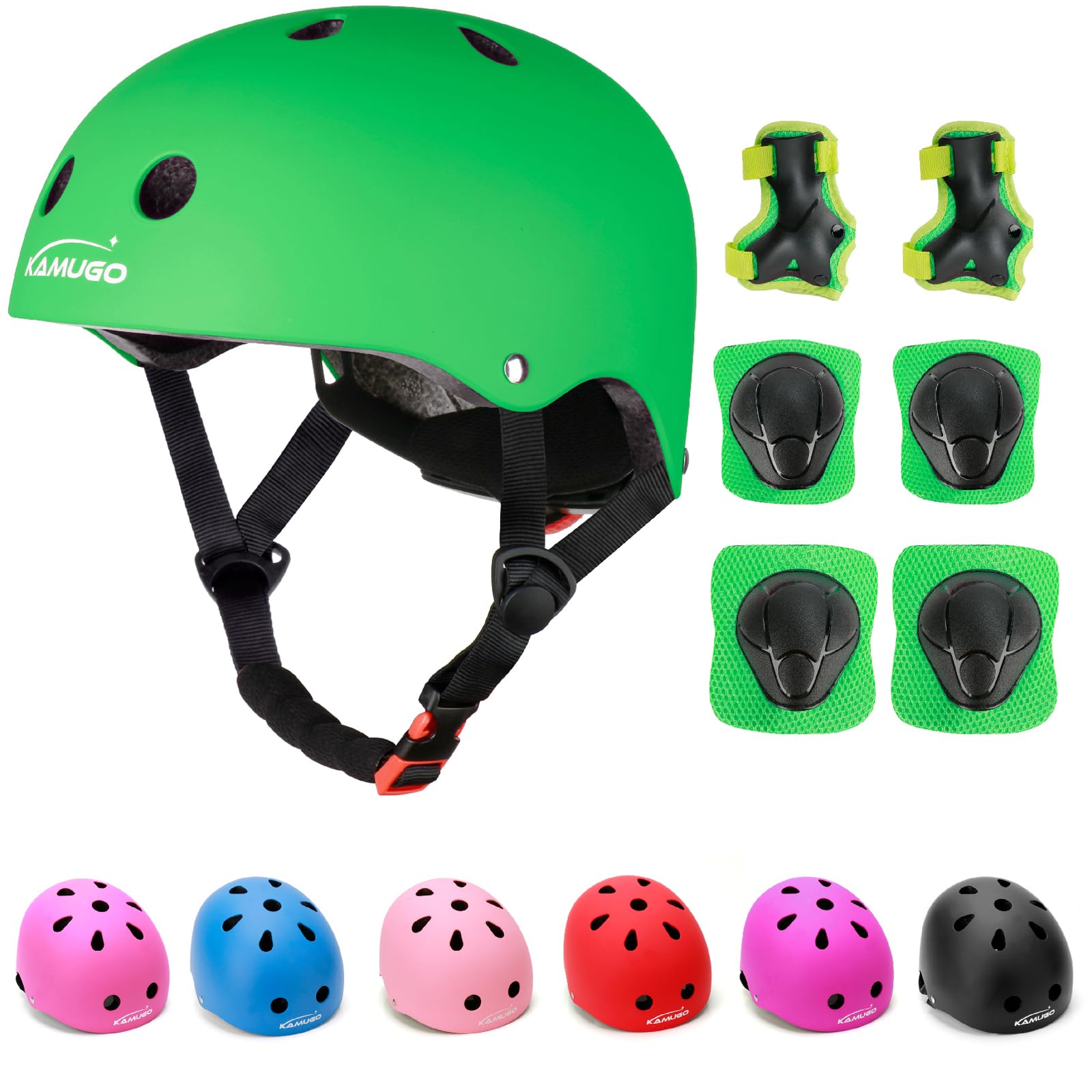 KAMUGO Kids Adjustable Helmet, with Sports Protective Gear Set Knee Elbow Wrist Pads for Toddler Age 2-8 Boys Girls, Bike Skateboard Hoverboard Scooter Rollerblading Helmet Set
