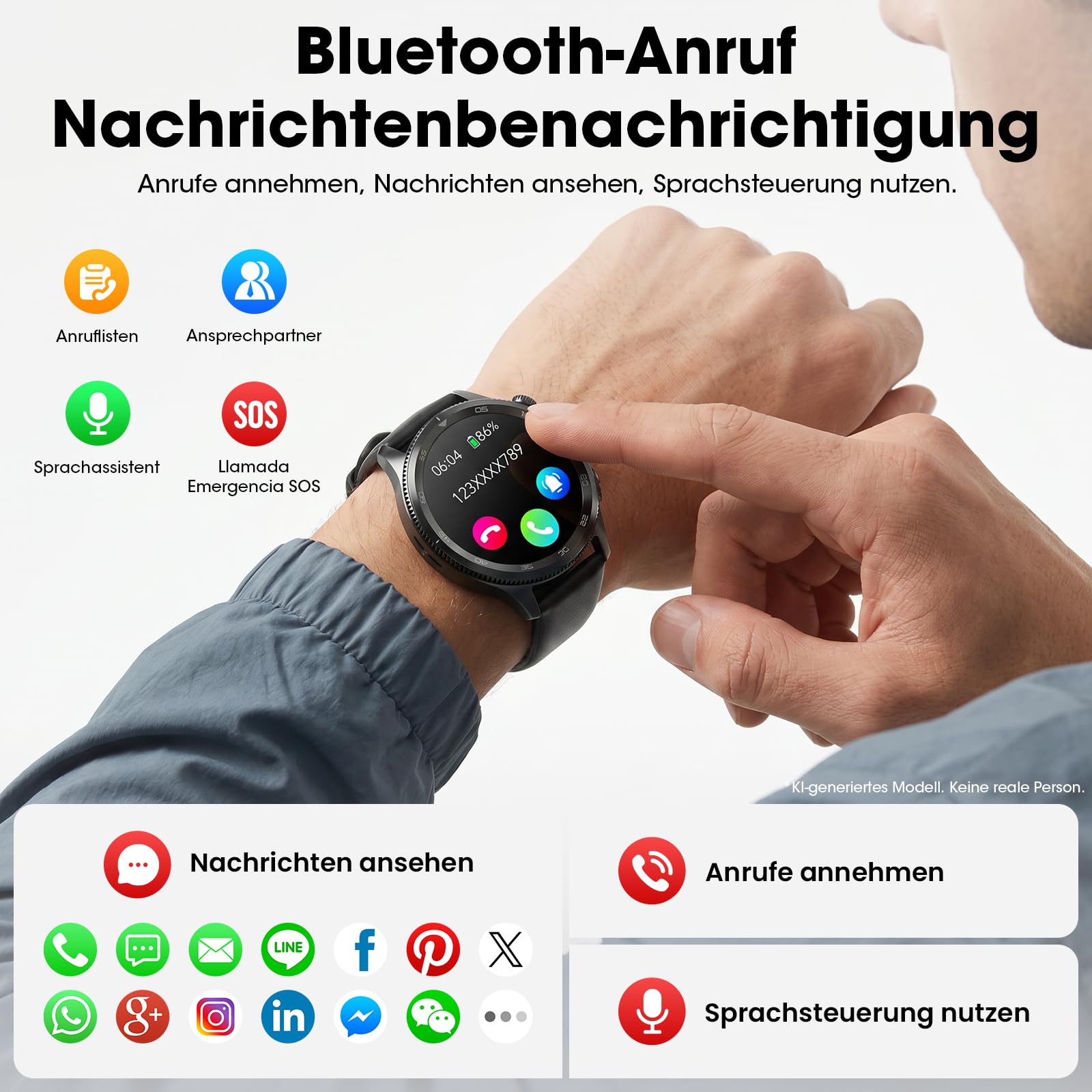 Smartwatch Herren mit EKG & 𝐇𝐑𝐕, 1,43" AMOLED Gesundheitsuhr | Bluetooth-Anrufe, Herzfrequenz, SpO₂, Schlafmonitor sowie BMI, Blutdruck und Harnsäurefunktion, Fitnessuhr für Android & iOS