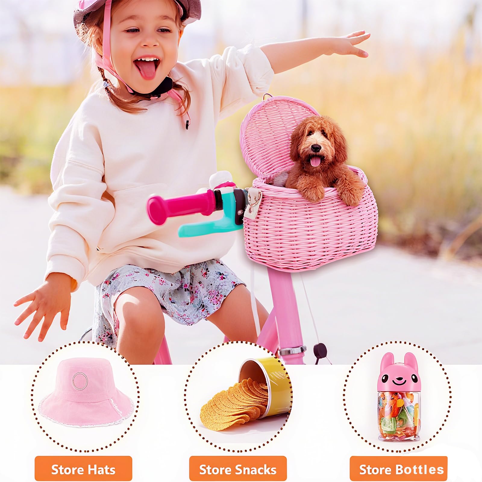 Ensemble panier de vélo pour enfants, panier de vélo pour enfants, panier de vélo pour enfants, sac à dos tissé à la main avec couvercle, bandoulière en rotin, panier de guidon avant