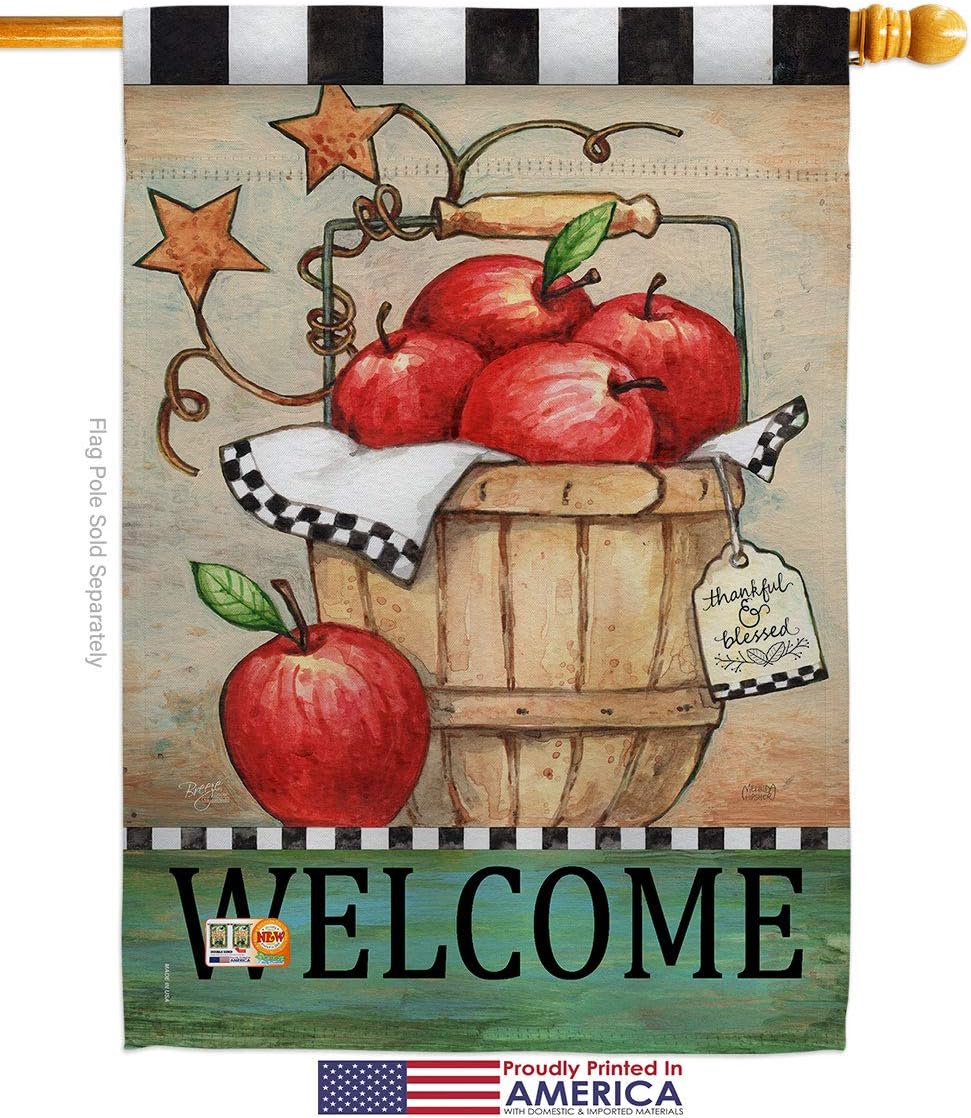 Fruits Apple Basket House Flag Dowel Set Food Pineapple Strawberry Watermelon Tropical Aloha Summer Small Decorative Gift Yard Banner Made In USA 28 X 40