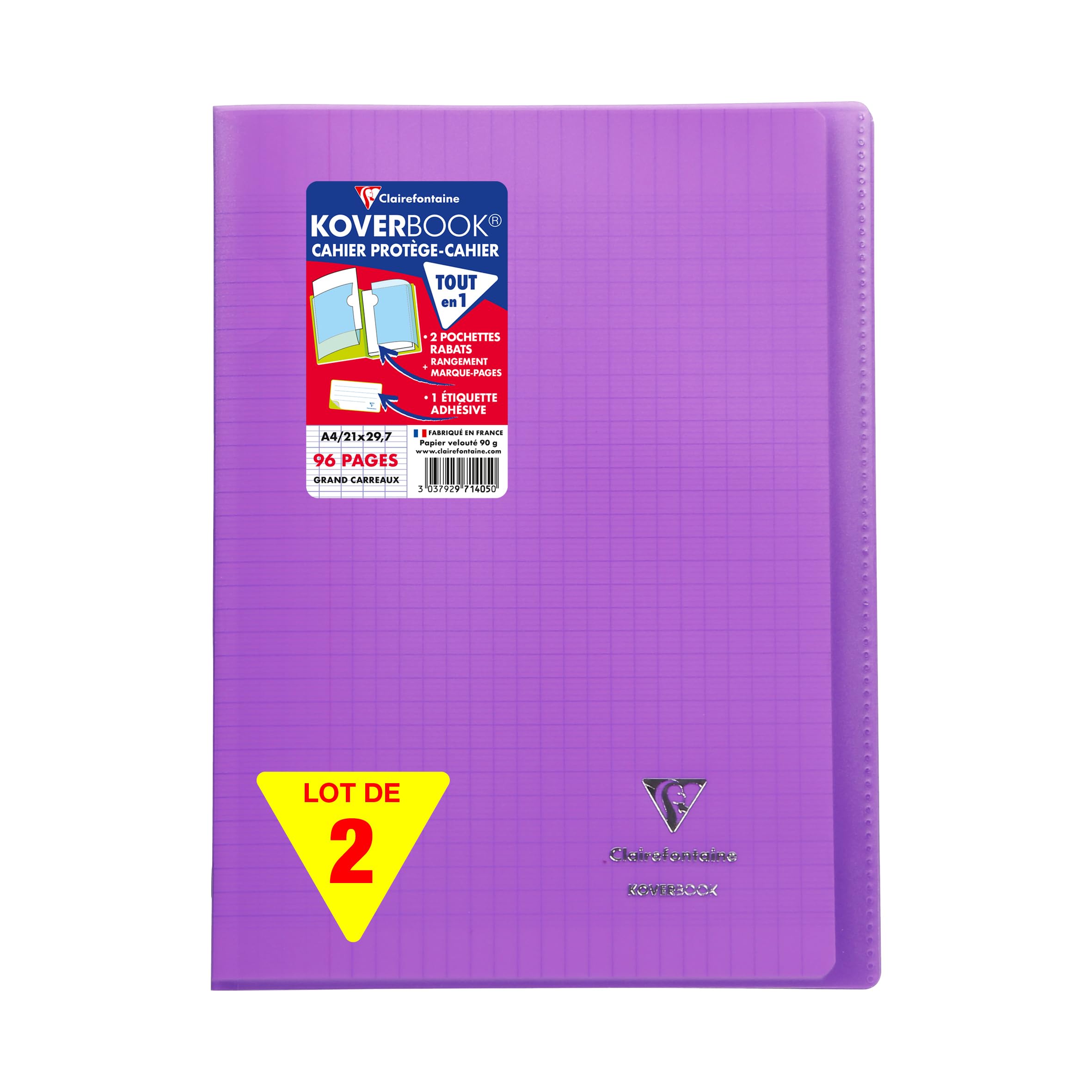 Clairefontaine 971405AMZC - Set of 2 Stapled Notebooks Koverbook Violets - Size: A4 21x29,7 cm - 96 Seyes Ruled Pages - White Paper 90 g - Polypro Cover