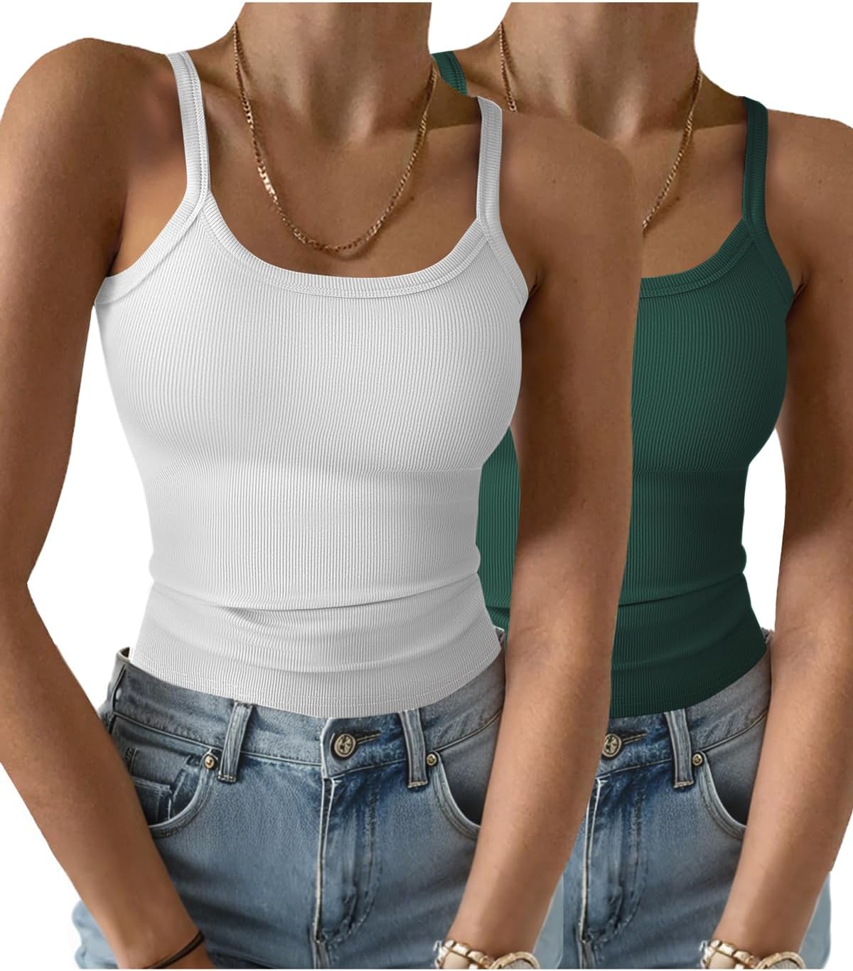 2 Pack Womens Sleeveless Tank Top Form Fitting Spaghetti Strap Scoop Neck Ribbed Knit Basic Cami Layering Shirts