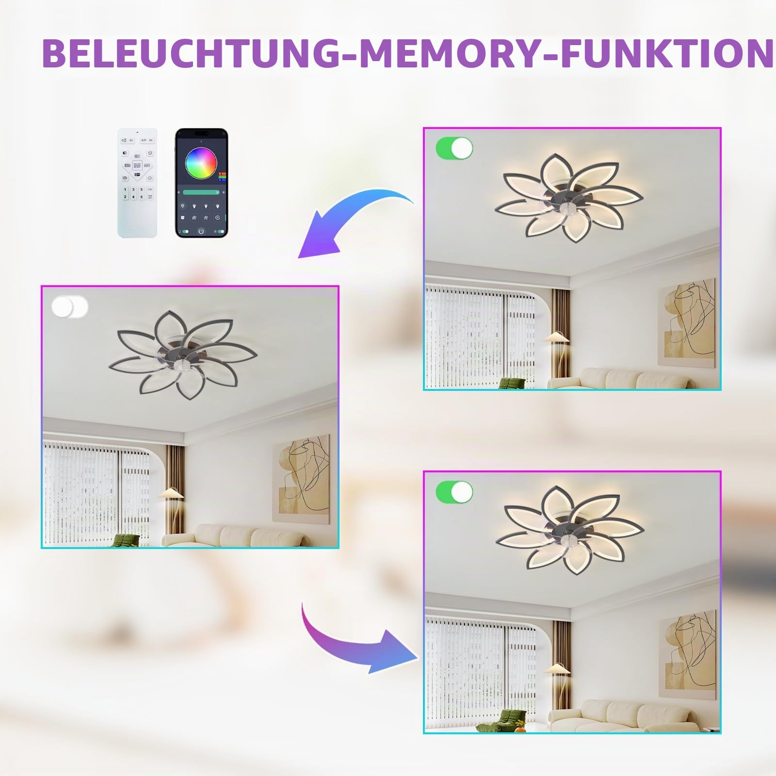 RGB Blume Deckenventilator Mit Beleuchtung Alexa-kompatibel, Veränderbare Farbe Leise Ventilator Mit Licht 6 Gang Reversibel Und Dimmbar Lampe Ventilator Für Schlafzimmer Wohnzimmer, Schwarz