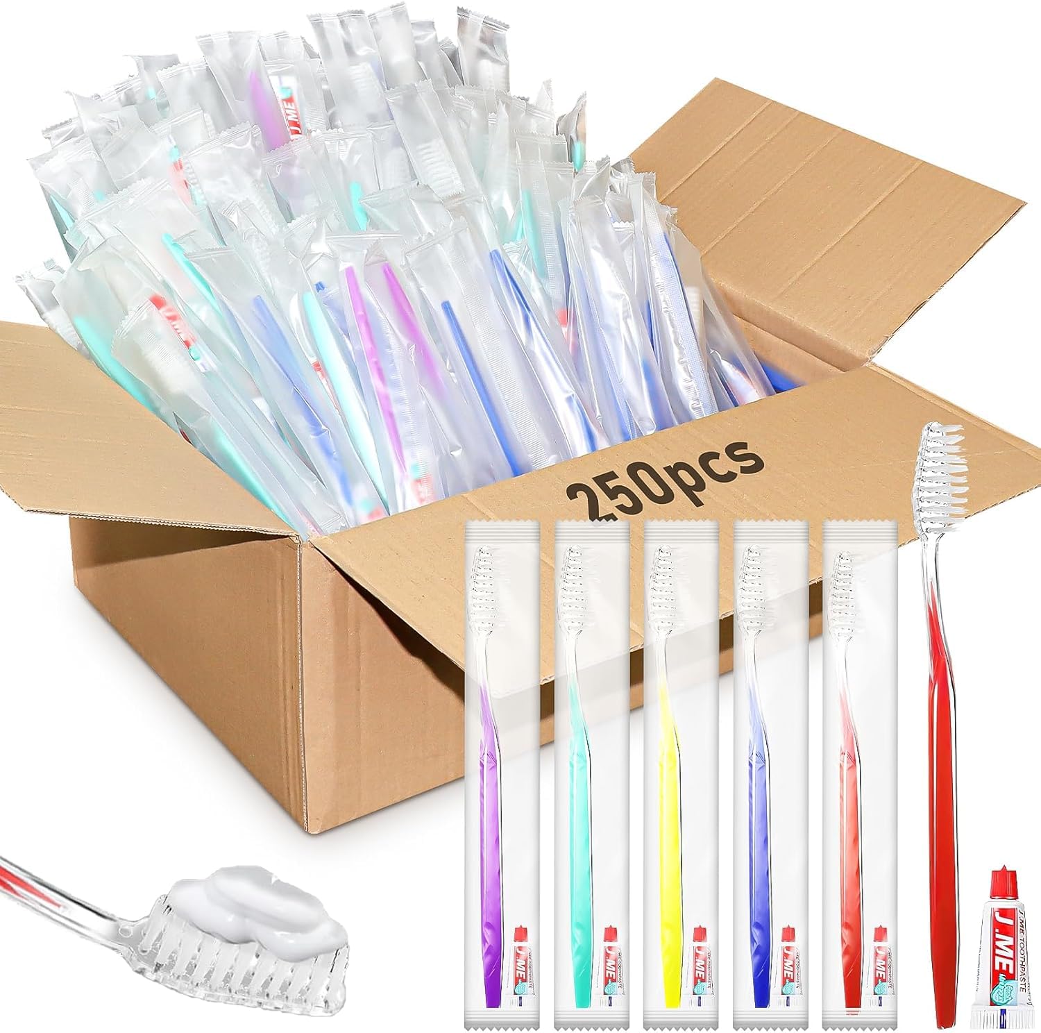 250 Ensembles de Brosses à Dents en Gros avec Dentifrice, Emballés Individuellement — Fournitures pour Sans-abri, Brosse à Dents de Voyage pour Hôtel, Camping, École