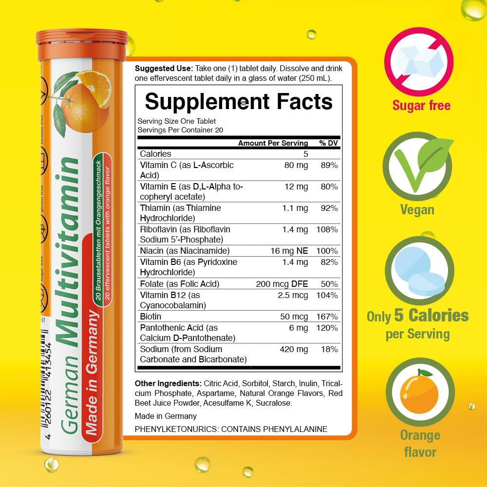 T&D German Multvitamin 10 Vitamins - 40 Vegan Drink Effervescent Tablets - Orange Flavor - Made in Germany — Amazon image 3