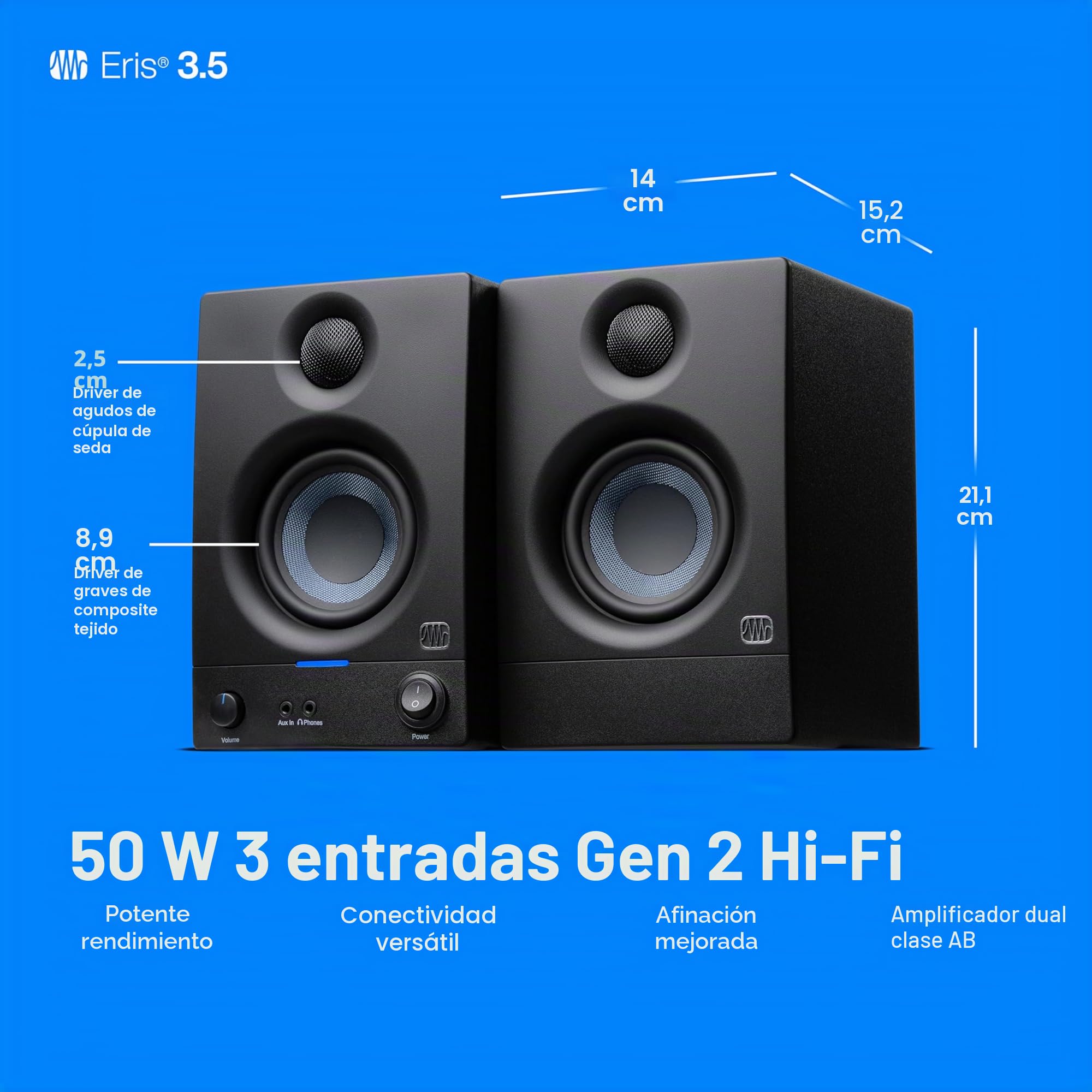 PreSonus Eris 3.5 Gen 2, Altavoces Activos de Escritorio 3.5" para Multimedia, Juegos, Producción Musical de Calidad Estudio, Potencia 50 W