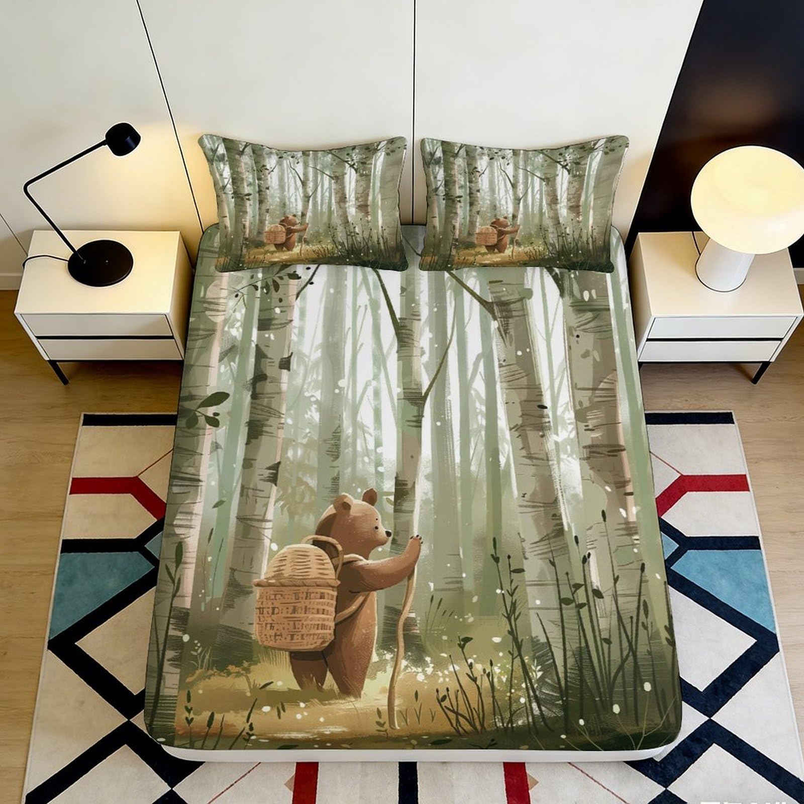 3D Printed Forest Bear Fitted Sheet Microfiber Durable Soft 3D Printed Woodland Mattress Cover for Bedroom Dormitory Guest Room Protection Decoration 200x200x25cm