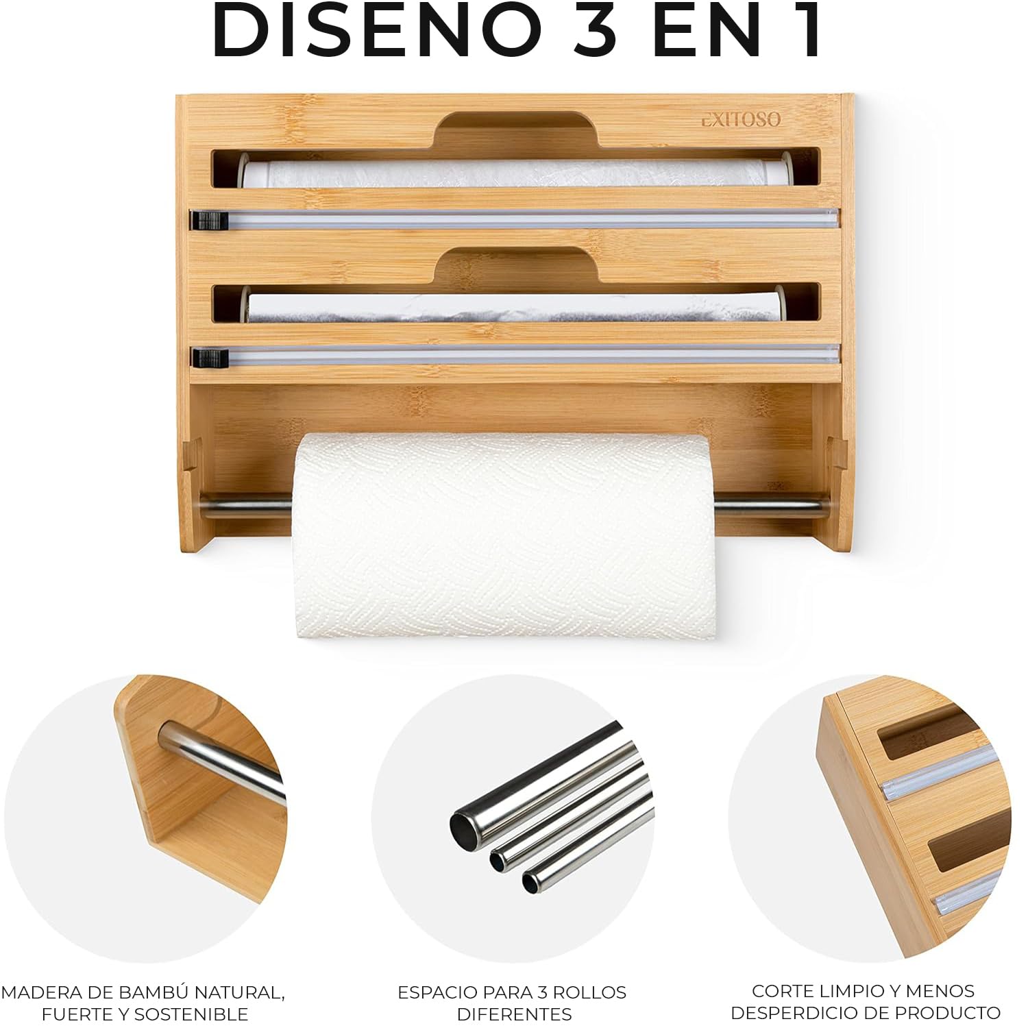 EXITOSO Zewa - Cortador de papel de aluminio de bambú, soporte para rollos de pared para cocina, dispensador de papel de cocina, sin taladrar, madera, soporte para rollos de cocina