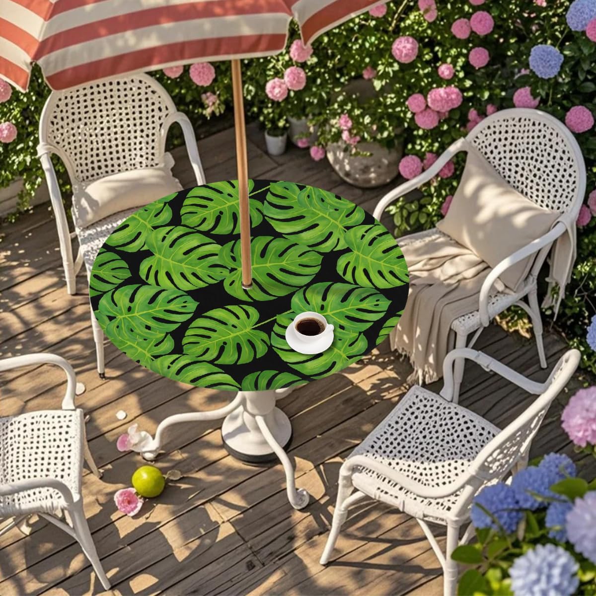 Outdoor Round Fitted Tablecloth - Tropical Palm Leaves Elastic Edge Circular Table Cloth with Umbrella Hole & Hidden Zipper - Waterproof Tablecover Fits 45"-56" Tables for Patio, Picnic, Dinner Decor