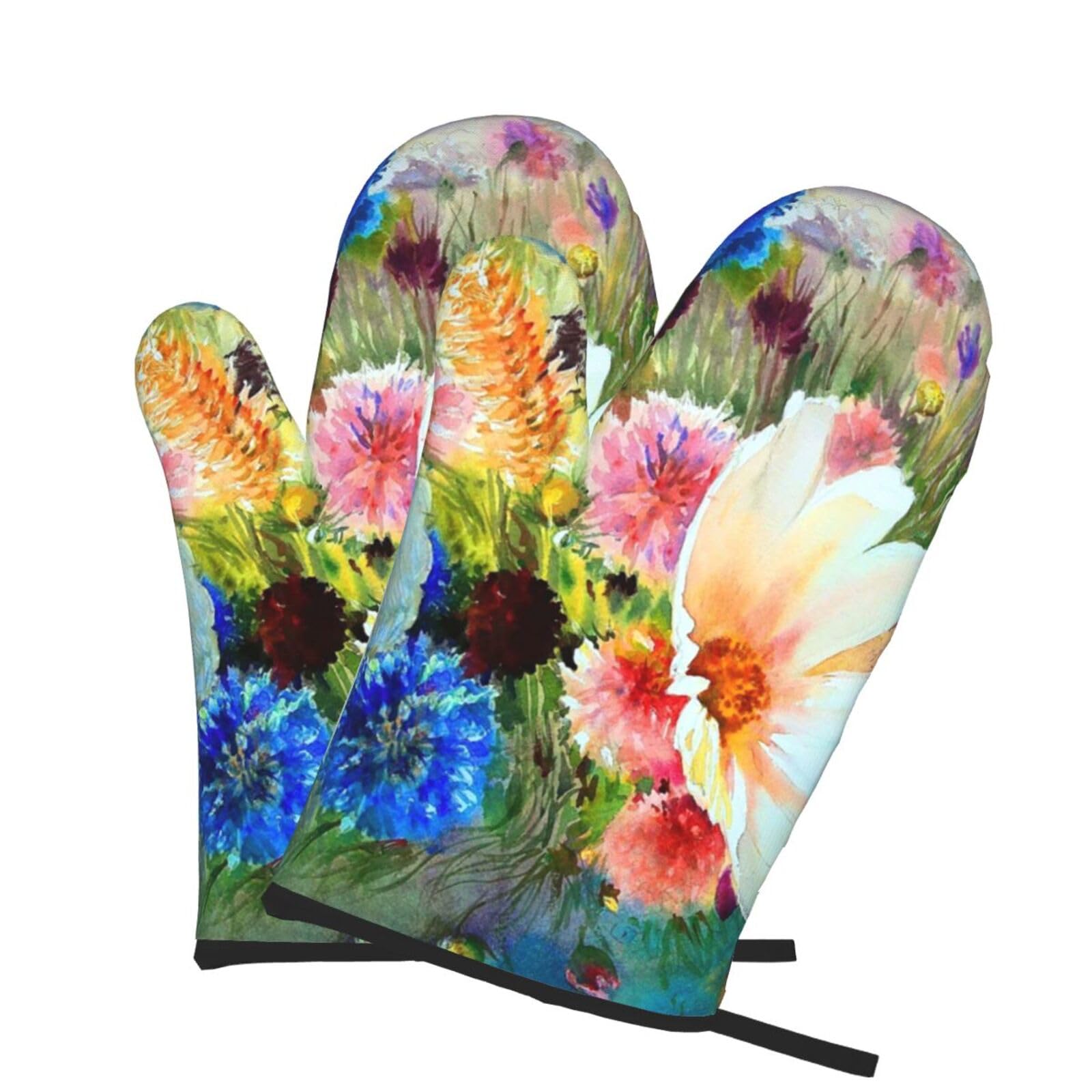 Oven Mitts Set of 2 Pcs, Watercolor Abstract Flowers Prints Heat Resistant Kitchen Gloves for Cooking Baking Grilling