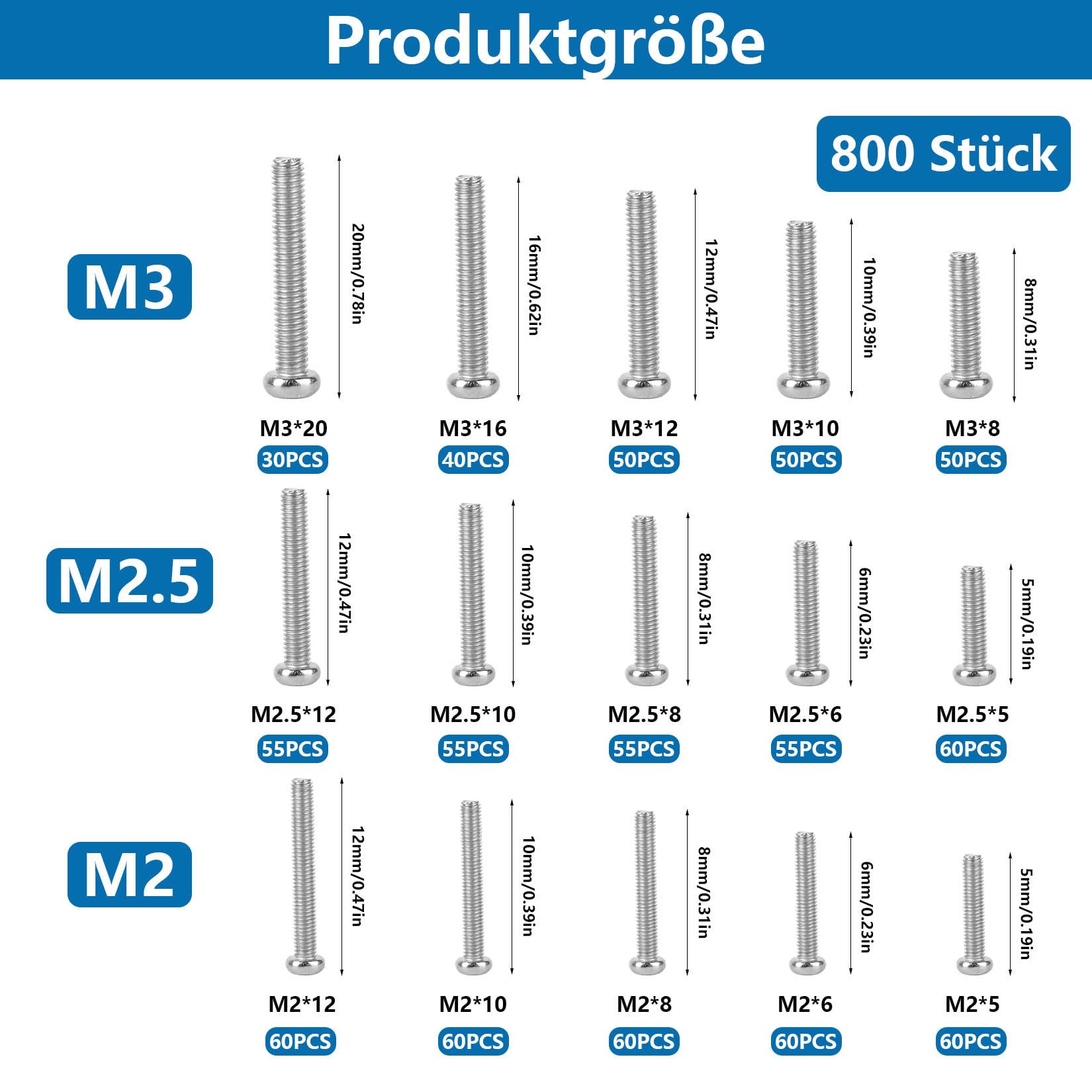 800 PzViti M2 M2,5 M4, Piccole Viti per Occhiali, Viti a Testa Svasata Crociata per SSD, Laptop, PC e Computer