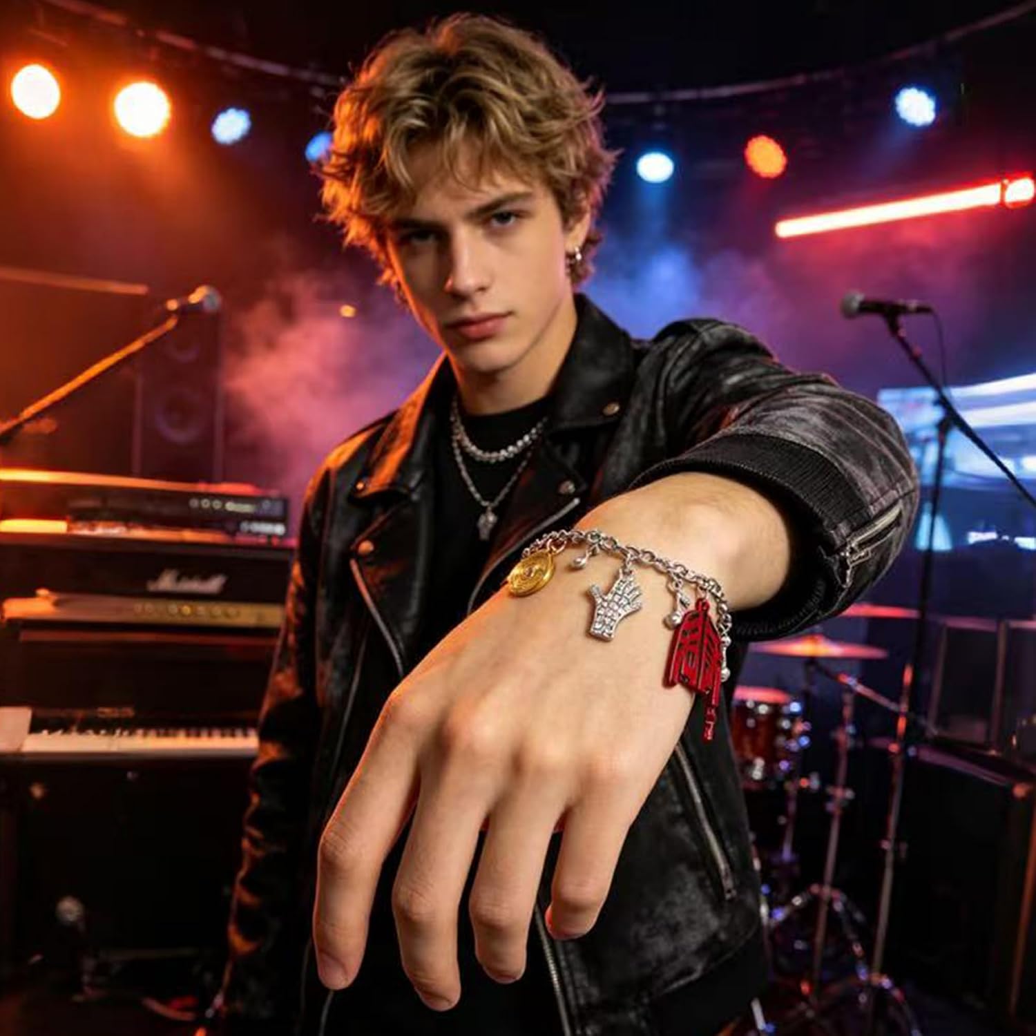 Music Icon Inspired Charm Bracelet, Chain with Crystal Hat, Glove, Red Jacket, Vinyl Record & Music Note Pendants, Memorial Jewelry Birthday Gift for Fans Women Men