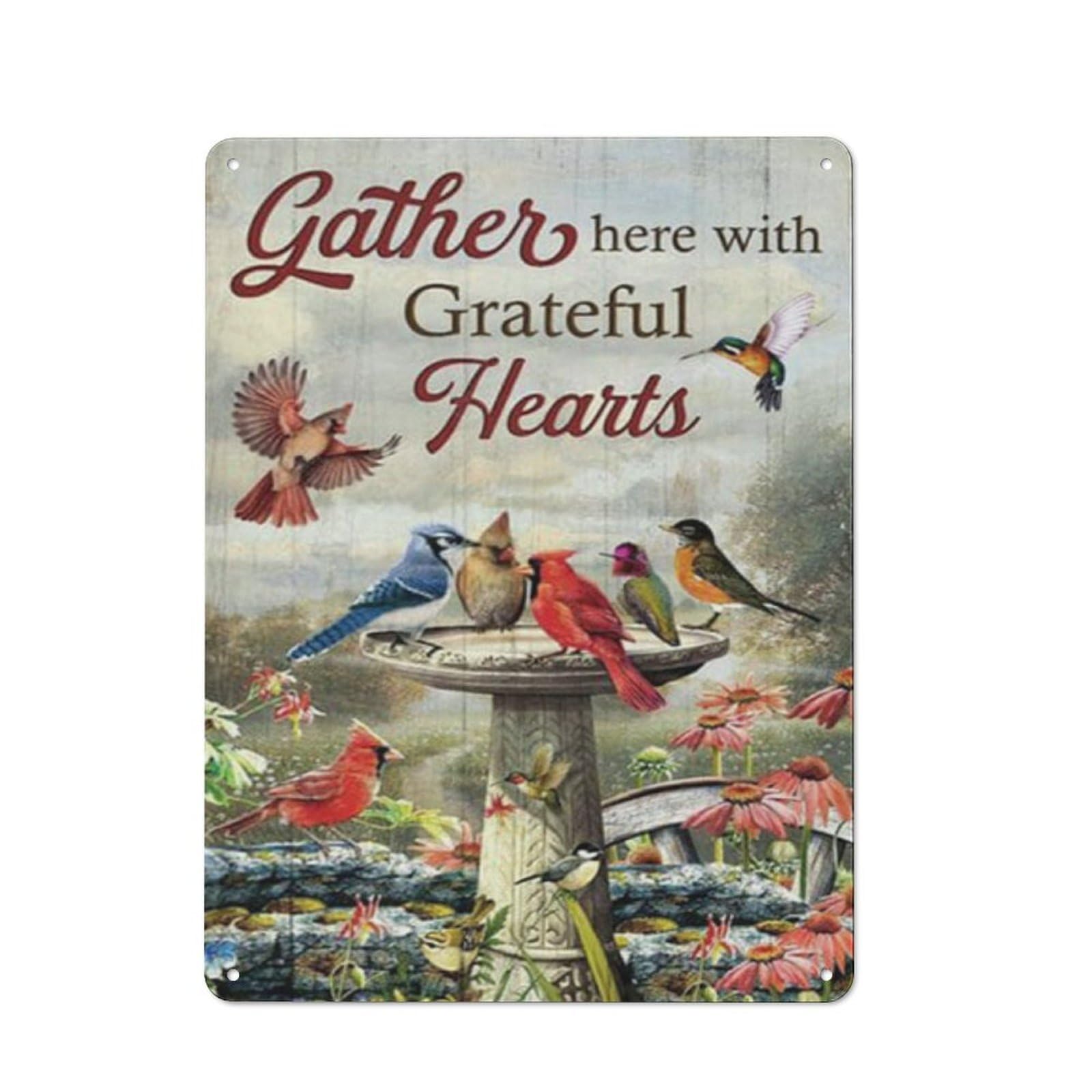 Rustic Metal Tin Sign, Cardinal Hummingbird Grateful Quote Wall Art, Novelty Vintage Tin Sign for Home Kitchen Parlor Wall Ornament, 12x8 Inch