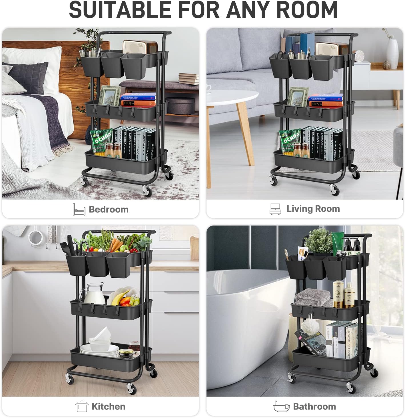 5 Pack Hanging Cup Holders, Multipurpose Rolling Cart Accessories Utility Cart Accessories For Art Craft Supplies, Space Saving Hanging Storage Basket Pencil Holder Makeup Organizers (Black) - Image 4