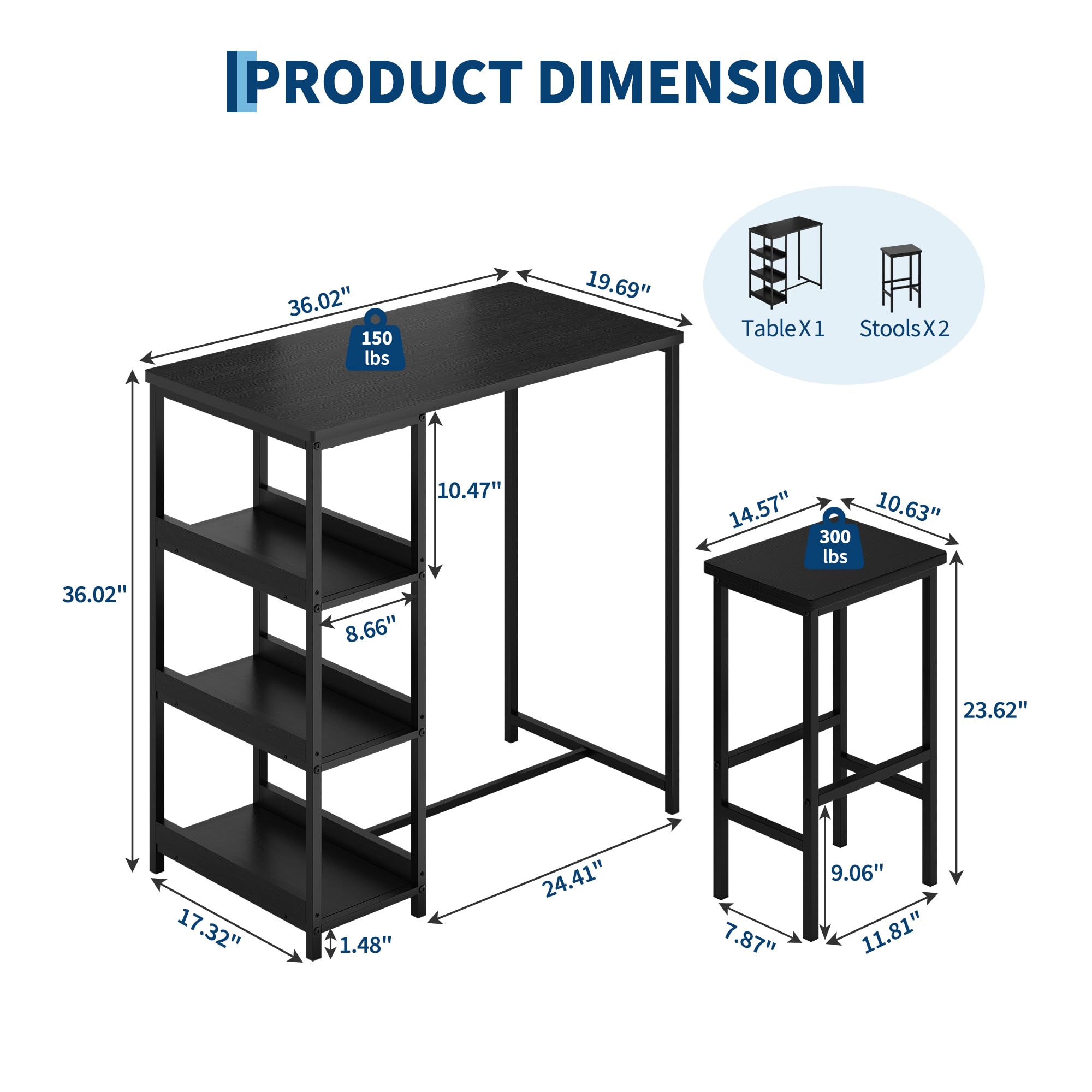 3-teiliges Esszimmer-Set – Moderner Esstisch mit Metallgestell & Holzoptik, 2 Barhockern, Ablagefächern, platzsparend für Küche, einfache Montage, Schwarz, Black Tube + Black Wood Grain
