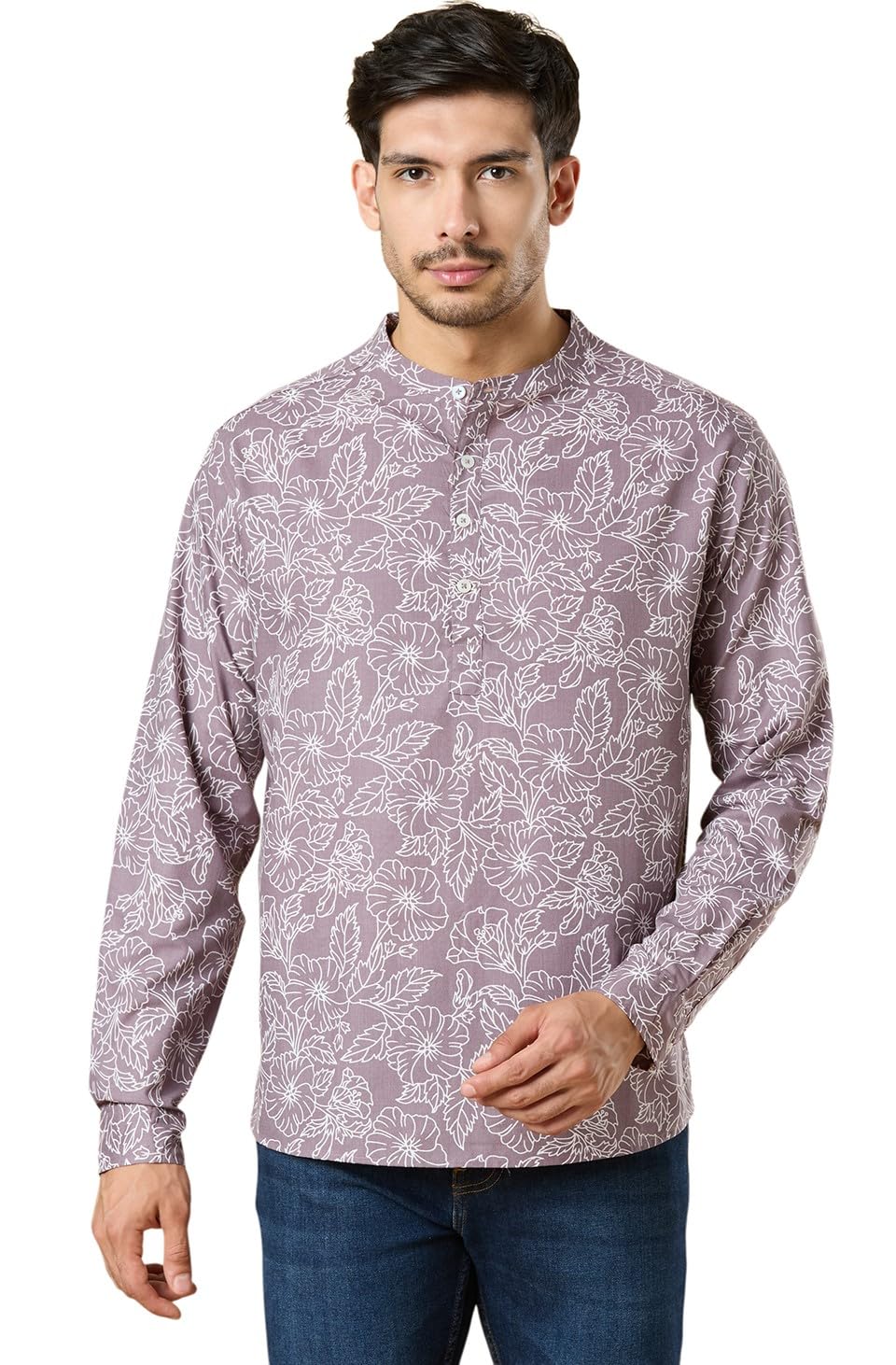 studio shringaar Men's Champagne Colour Cotton with White Floral Print Classic Short Kurta Shirt (Regular Fit)-picture-28