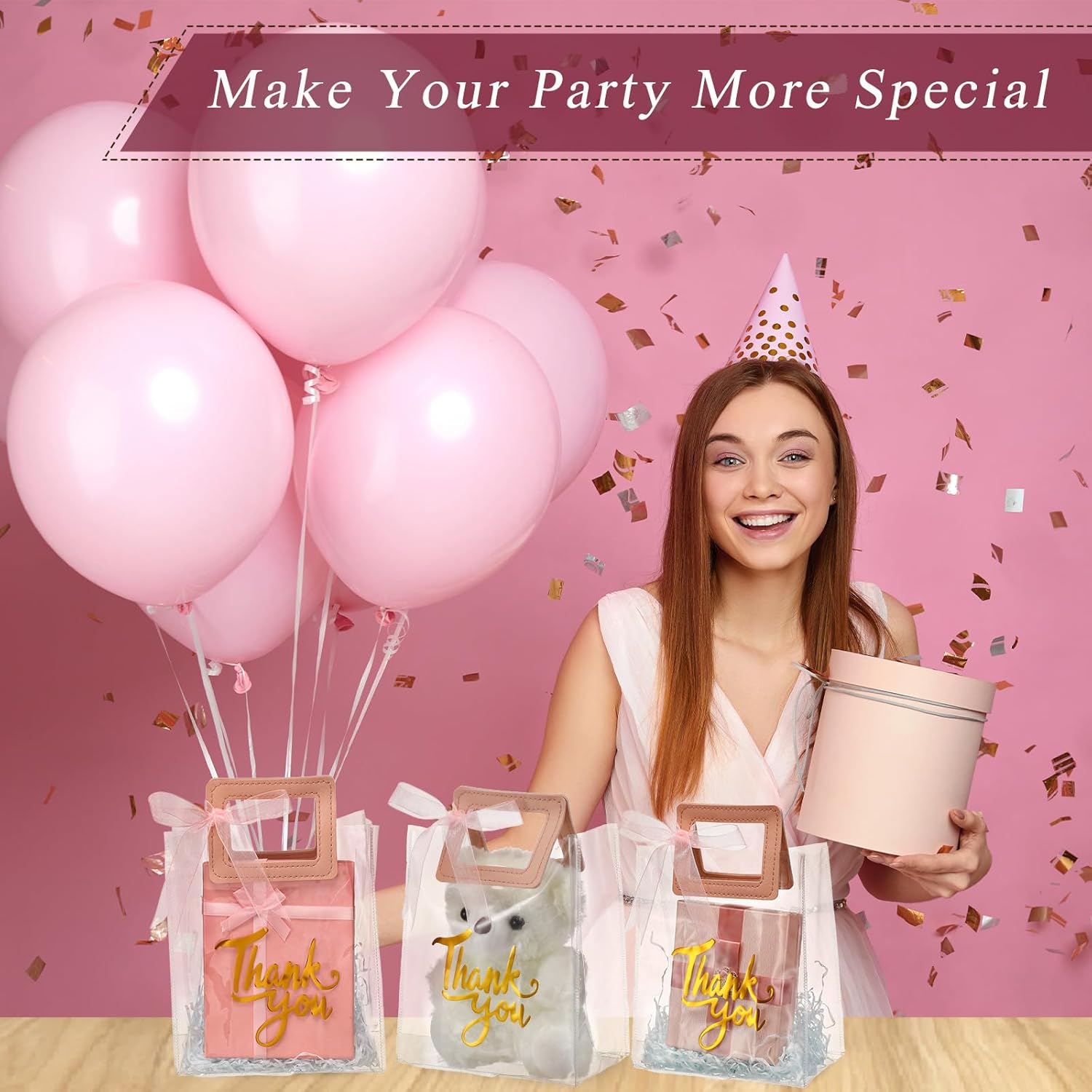 Sabary 12 Pcs Clear Gift Bags with Handle Thank You Gift Handbags Transparent PVC Wrap Bags Reusable Heavy Duty Totes for Bridal Party Baby Shower Wedding Birthday 7 x 4 x 8 Inch(Pink)