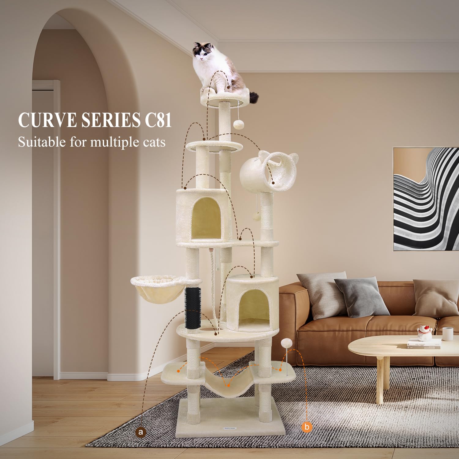 Árvore Para Gatos Globlazer 129 Cm | Série Curvada Com Rede E 7 Postes Sisal | Para Gatos Grandes