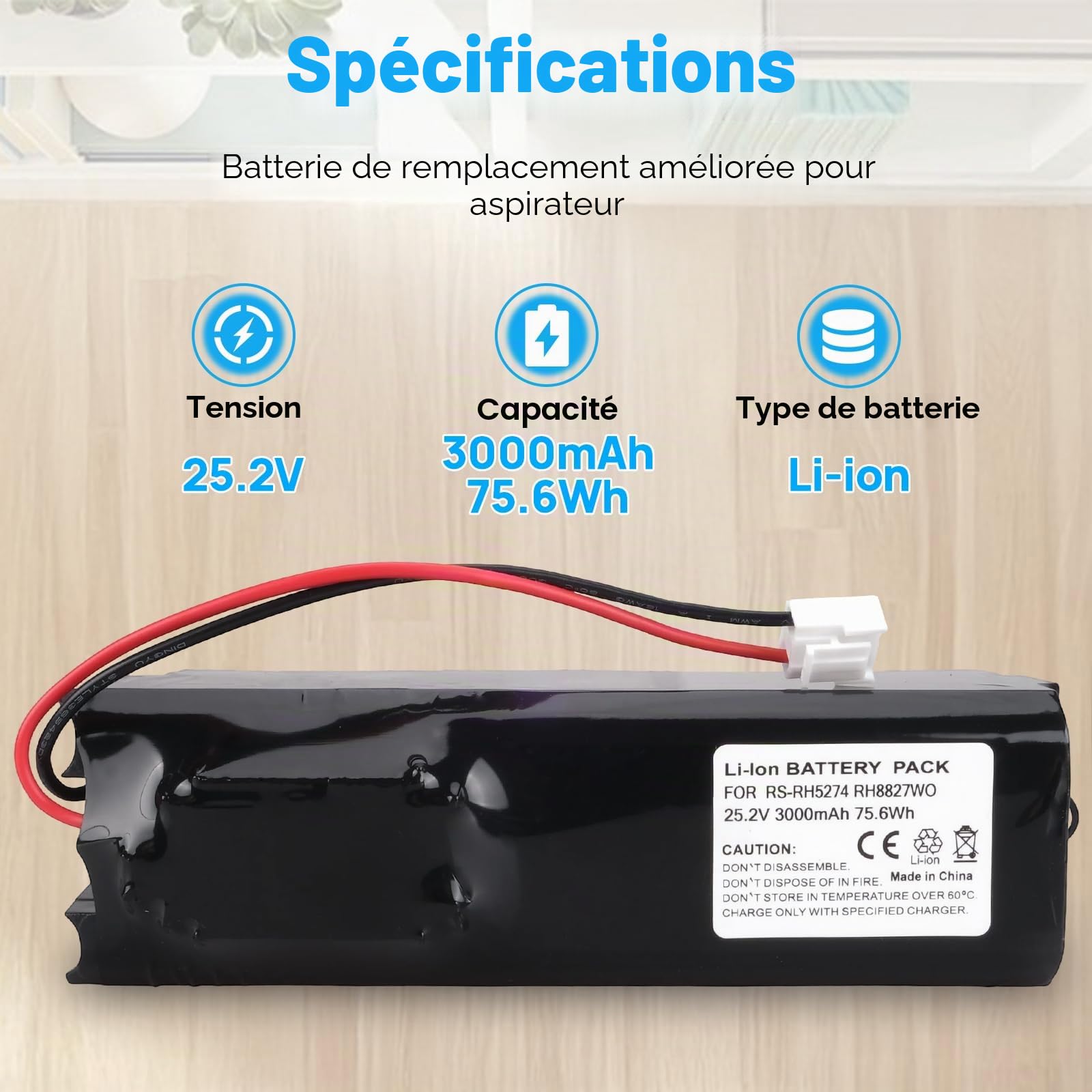 25,2V 3000mAh Batterie Compatible avec Rowenta RS-RH5274 RH8827WO RH8828WO RH8829WO RH8870WO RH887101 RH8827WO/2D0 RH8827WO/2D2 RH8827WO2D0, RS-2230001688 RS-2230001828