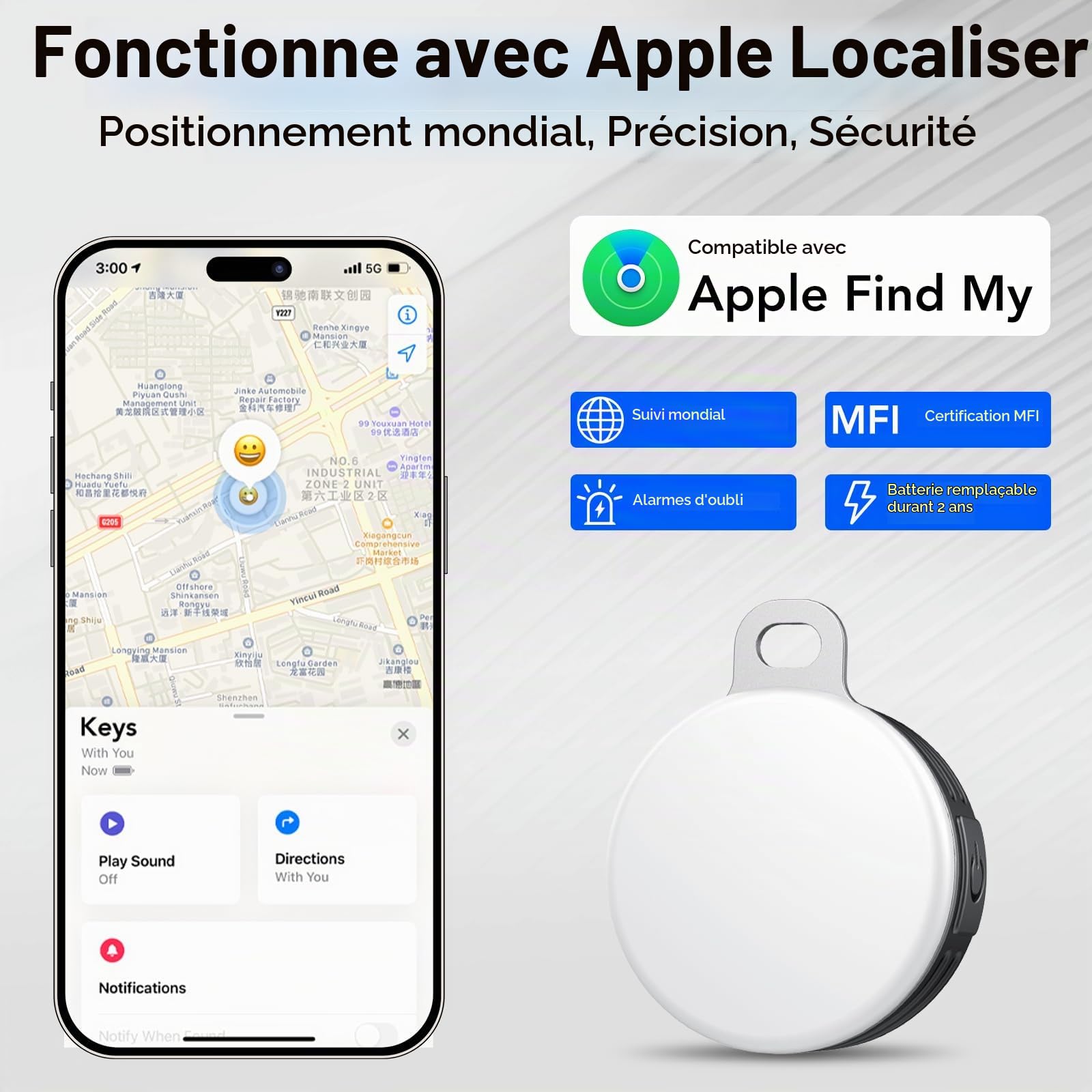 Air Traceur Tag Lot de 2 avec 4 Modes Light, Compatible avec Apple Localiser (iOS Uniquement), Smart Tag pour Les Balades Nocturnes, Le Camping,Localisateur d'objets pour Portefeuilles Clés Sacs