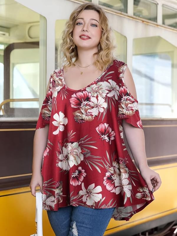 LARACE Women Plus Size Cold Shoulder Tops Summer Tunic(Wine Red18, 2X) by LARACE - Used condition - Image 3