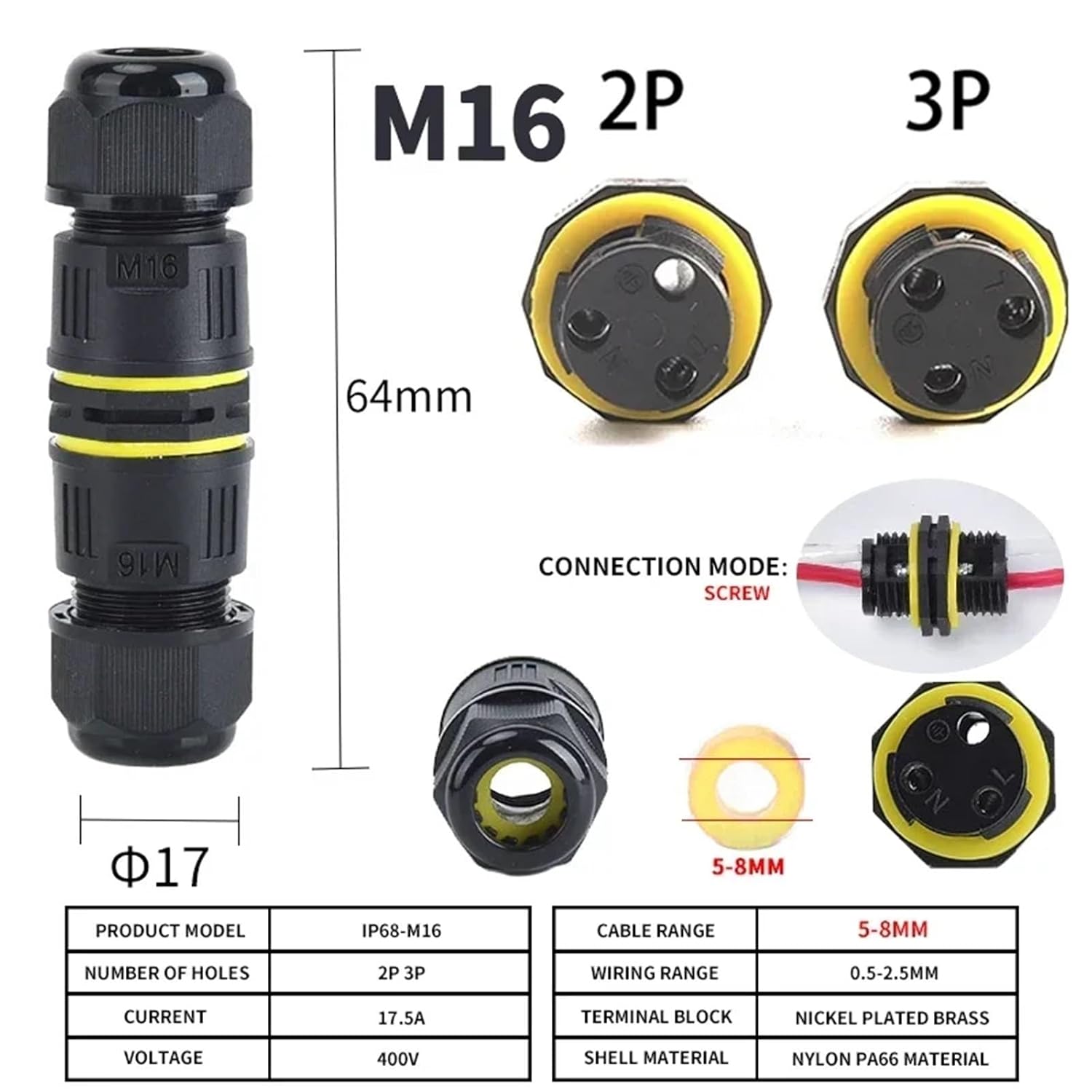 IP68 Outdoor Waterproof Junction Box Electrical Cable Connector, M16 M20 M25 for Ø3.5-14mm Wire Range 2 Way(M16 5-8mm,5 Sets,2P)