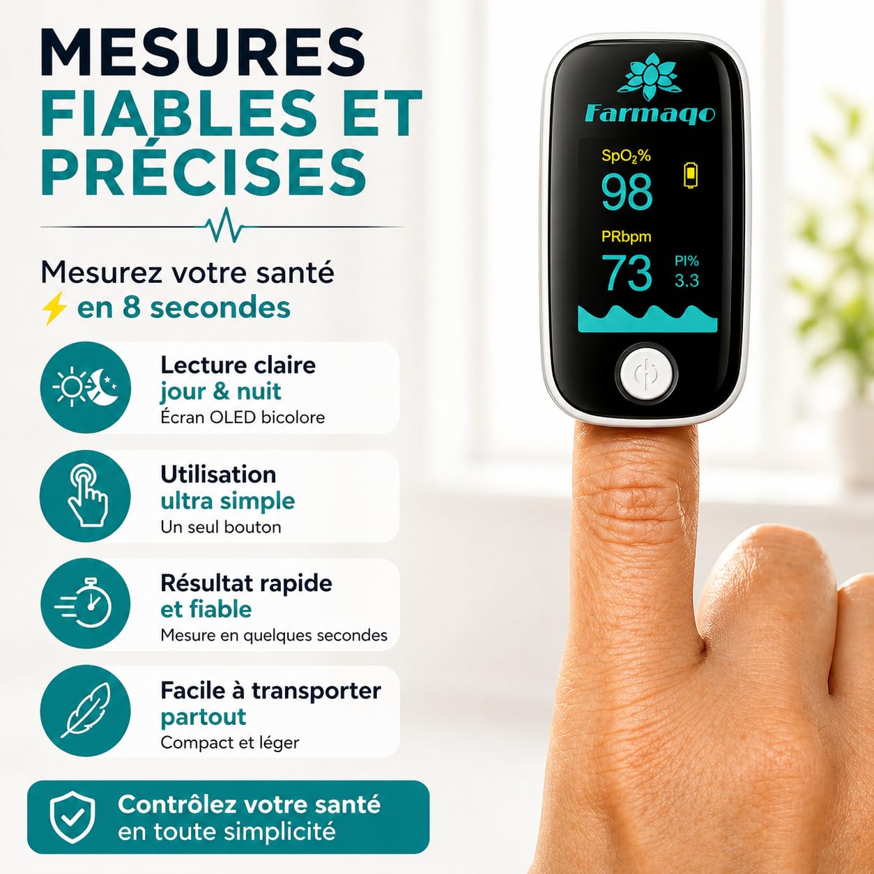 FARMAQO Oxymètre de doigt Saturomètre professionnel médical SPO2 BPM fréquence cardiaque Ecran OLED Bluetooth
