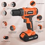 PULITUO 20V Perceuse/conducteur sans fil, 2 Tournevis électrique pour batteries, 30Nm Conducteur de perceuse électrique, 21+1, 2 Vitesse, 3/8" sans clé, perceuse avec LED Kit conducteur léger pour la maison (Orange)