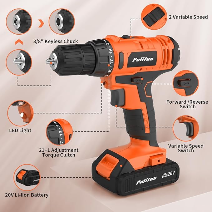 Taladro Atornillador Inalámbrico PULITUO 20V, 30Nm, 2 Velocidades, 2 Baterías miniatura 3
