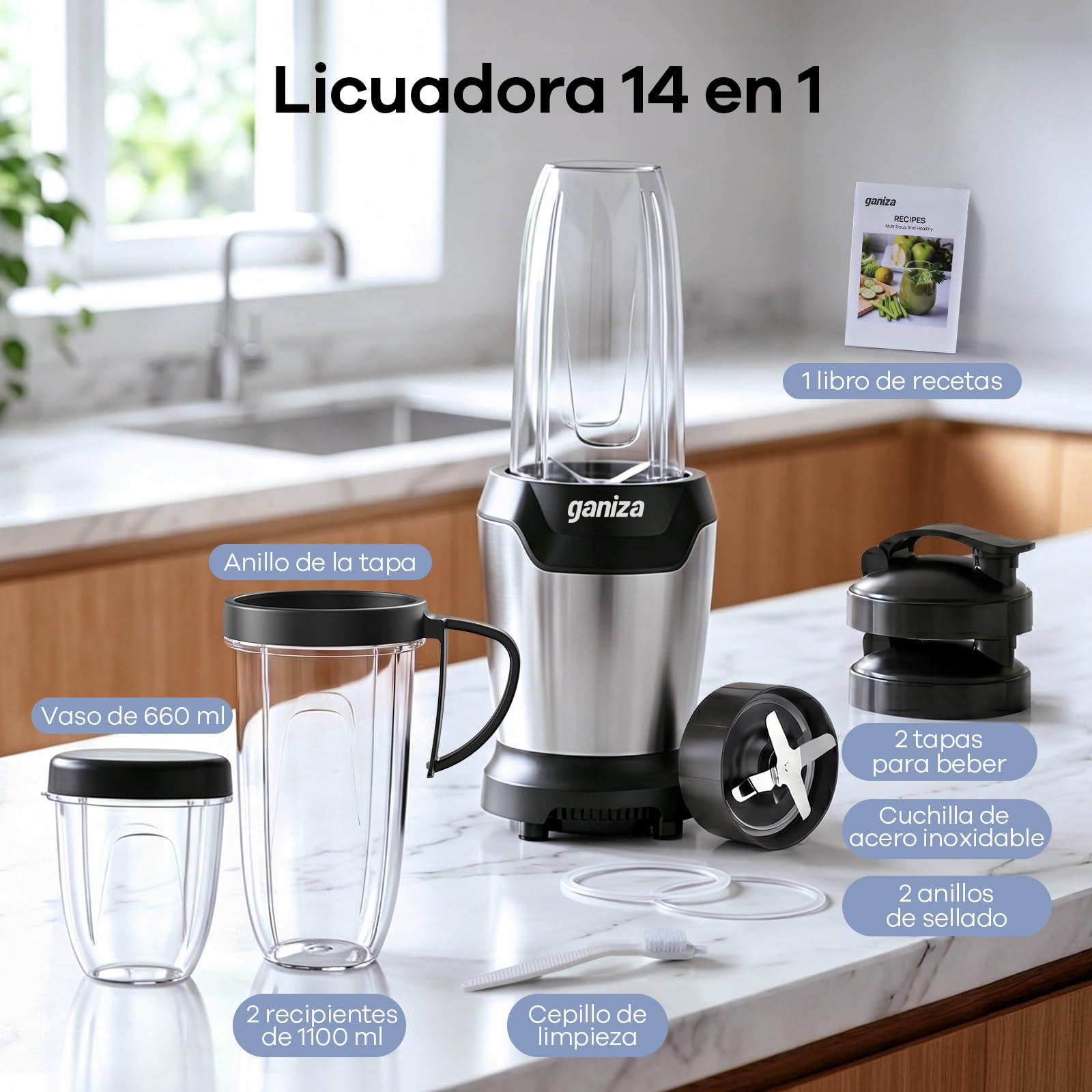 Ganiza Batidora de Vaso, 1300 W con 3 vasos mezcladores portátiles (2 de 1100 ml y 1 de 660 ml), 6 cuchillas de acero inoxidable, libre de BPA, batidora eléctrica para batidos y trituración de hielo