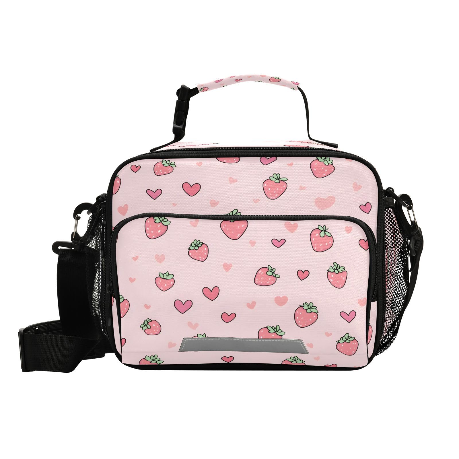 Pink Strawberry Heartlunch Box, Lunch Bag with Adjustable Shoulder Strap Insulated Tote Bag Picnic Lunch Box for School Teens Snacks Insulated Cooler Tote