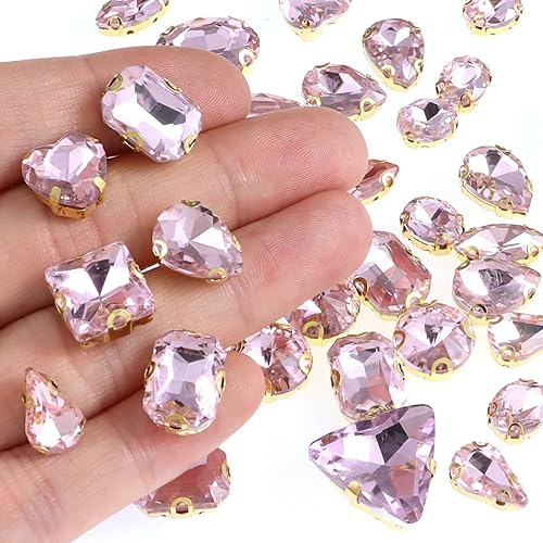 Miniatura 2 de 50 PCS Sew on Rhinestones Mixed Shapes Glass Rhinestones Sew on Crystal Gems Mental Flatback with Gold Claw for Jewelry Crafts Clothes DIY Craft