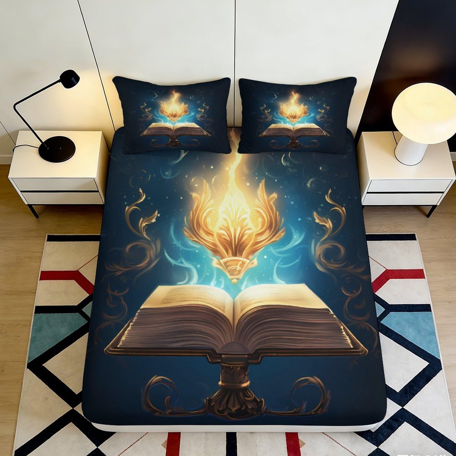 Qjzxknhpgr Style-8 3D Printed Magic Book Fitted Sheet Microfiber Soft Decorative Fire Fantasy Bed Cover For Bedroom Guest Room 90X200x25cm