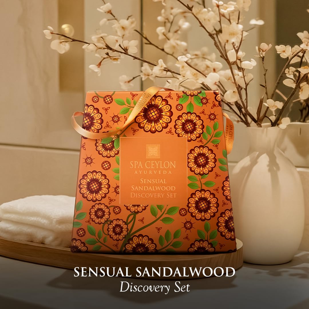 Spa Ceylon Sensual Sandalwood Discovery Set | Mind & Body Care Travel Size Set for All Skin Types | Body & Pillow Mist | Bath & Shower Gel | Hand & Body Lotion | Body Scrub