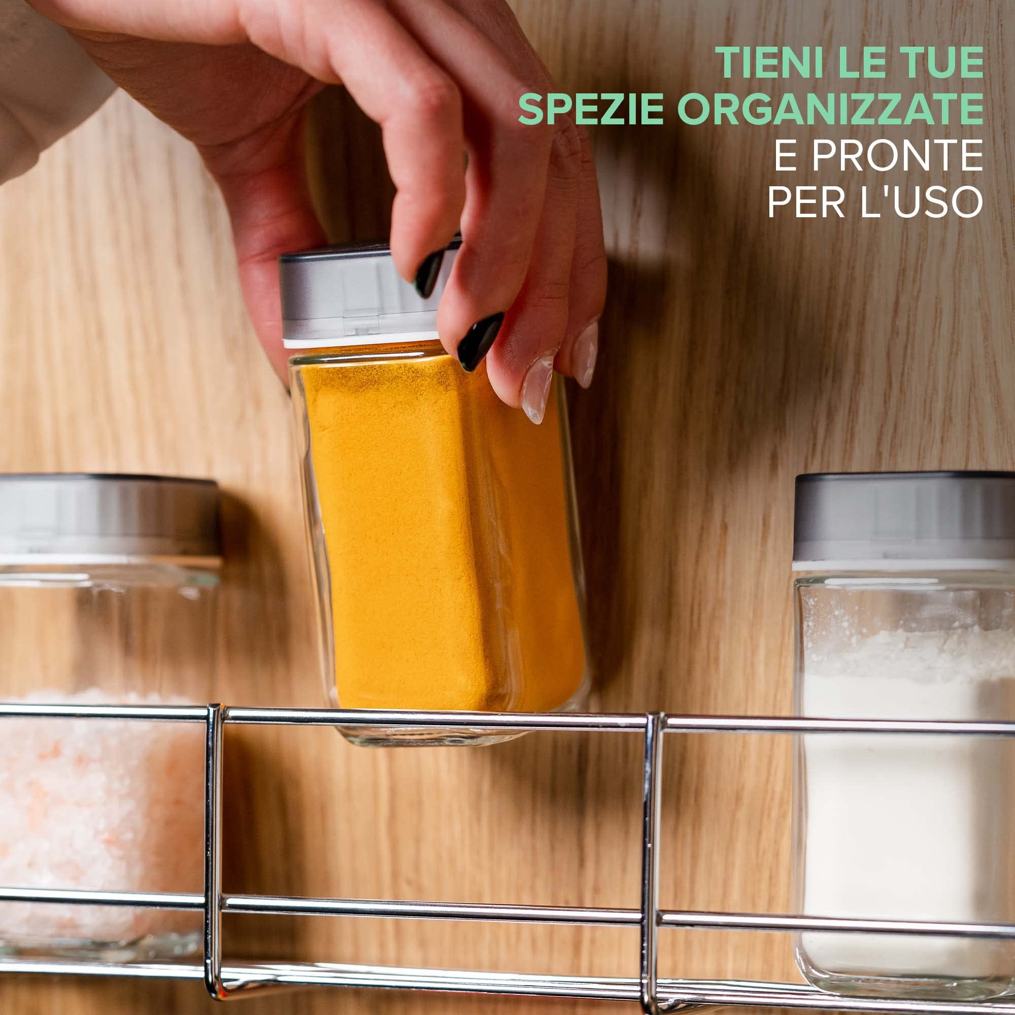Coninx Porta Spezie da Parete 4 piani | Portaspezie Cucina da Appendere con viti | Spice Rack | Supporto per Spezie da Cucina Assortite | Mensola a 4 livelli per 32 Barattoli di Spezie | 50x40.5x6cm