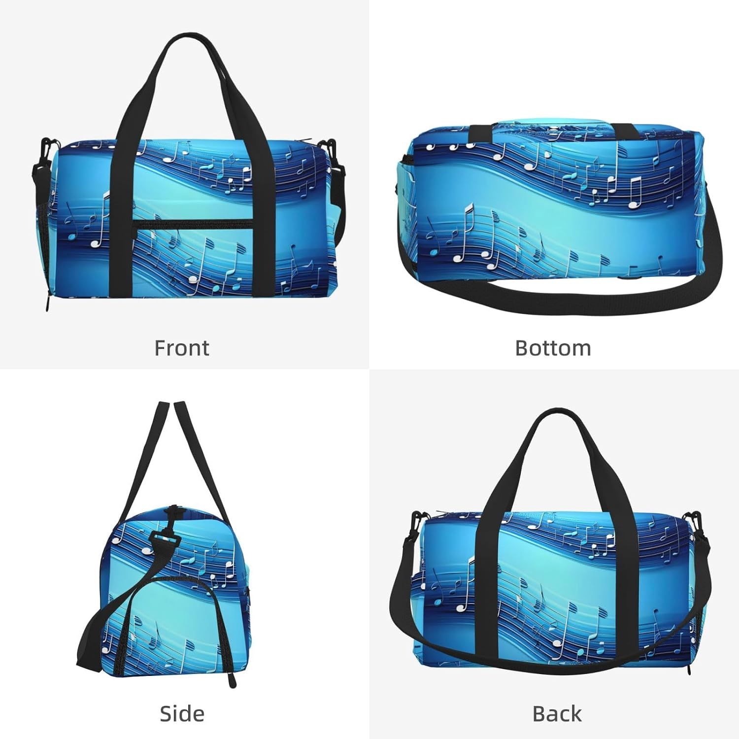 Sky Blue Musical Notes Print Handheld Sports Luggage Unisex Crossbody Bag Travel Weekend Fitness Workout image 2