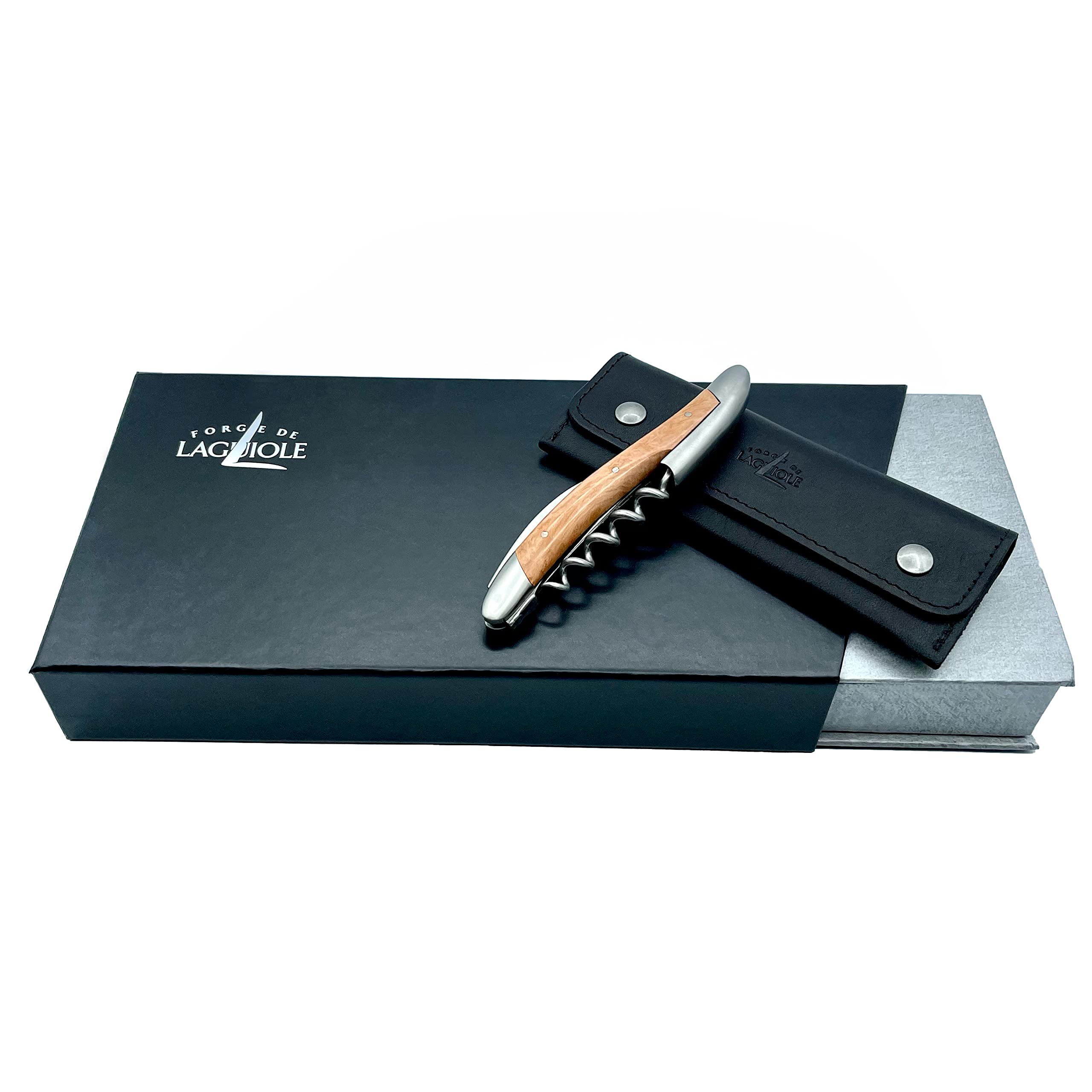 Forge de Laguiole Sommelier Bruyere Inox Satiniert, handgefertiges Kellnermesser weiches Lederetui + Poliertuch