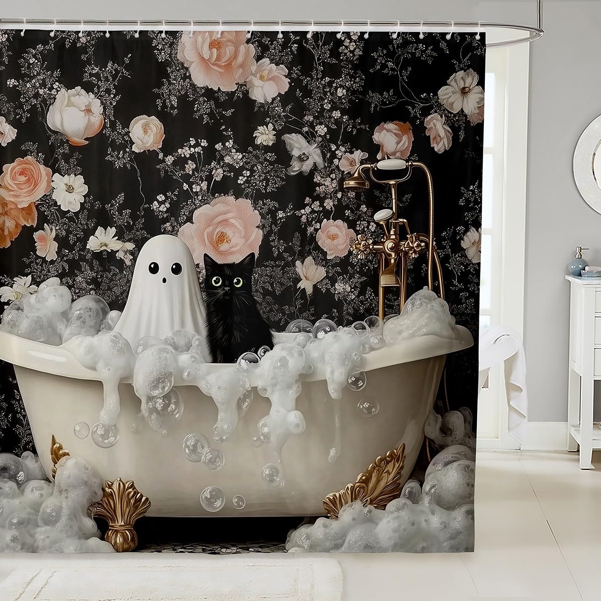 Rideau de douche imperméable chat de dessin animé au style gothique et roses baroques