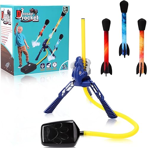 Miniatura 5 de Acekid Lanzador de cohetes para niños, lanzador de dinosaurios ajustable ángulo de lanzamiento con 3 cohetes LED de lanzamiento de hasta 100 pies