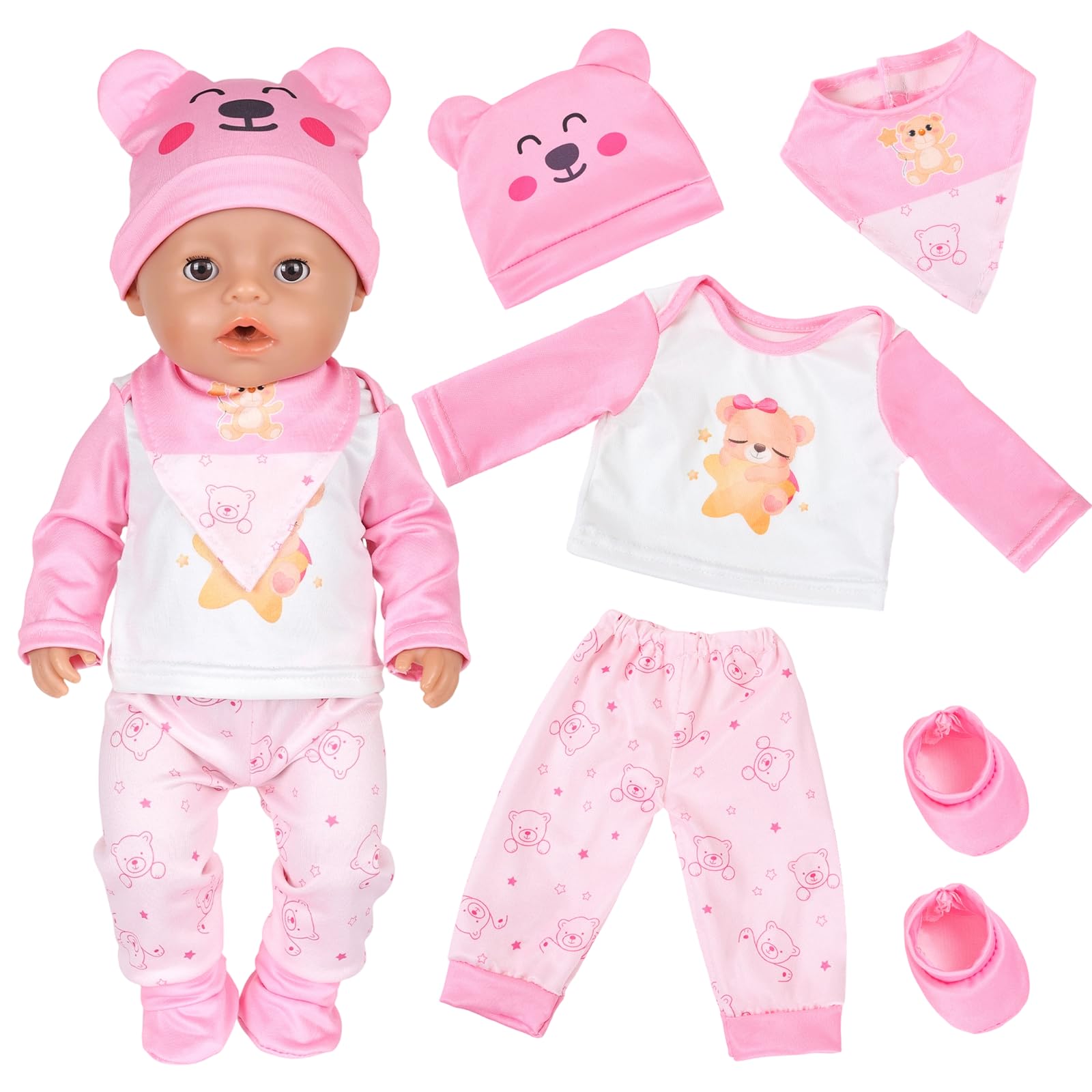 5 Pcs Baby Doll Clothes for 14-18 Inch Baby Doll, Baby New Doll Clothes Outfits 30-43 cm Accessories with 1 Bear-Print Hoodie 1 Sweatpants 1 Bib 1 Hat 1 Socks New Born Baby Dolls Girls Birthday