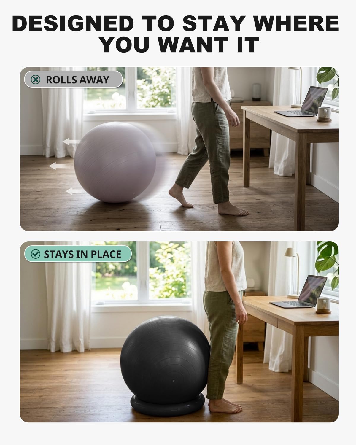 Trideer Yoga-Ball-Stuhl mit Basis für Heimbüro-Schreibtisch, Stabilitäts- und Fitnessballsitz zur Linderung von Rückenschmerzen, Heim-Fitness-Studio-Workout für Bauchmuskeln, Schwangerschaftsball mit