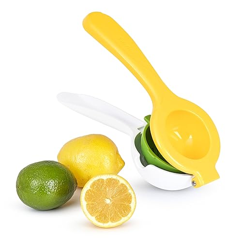 Tovolo Prensa de cítricos con boquilla de vertido, blanco y amarillo, exprimidor manual para limones, limas, mandarinas, mango ergonómico, sin BPA,