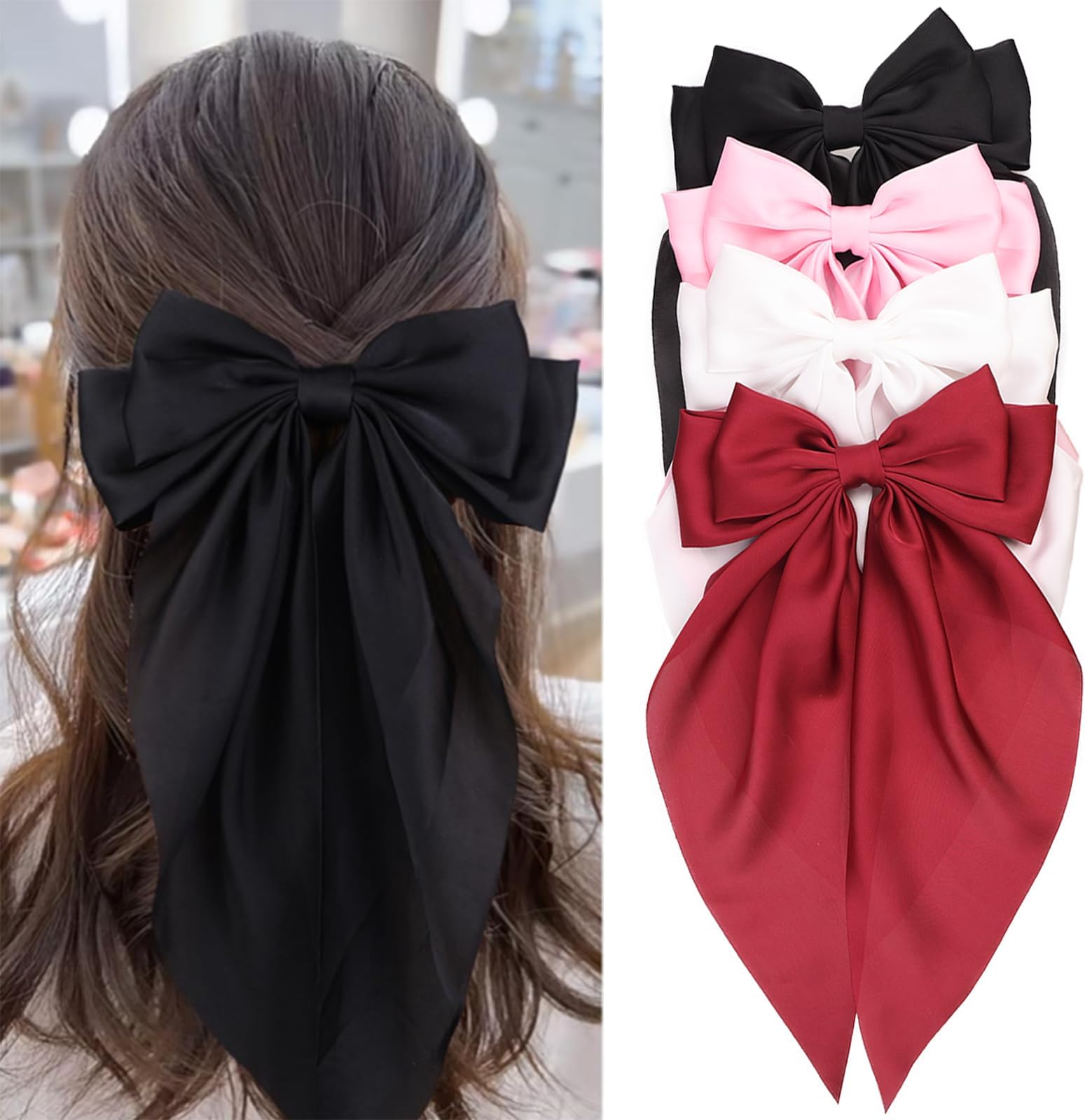 MRJ 4 Pcs Silky Satin Hair Bows Big Hair Ribbons for Women Large Hair Clips for Girls Hair Accessories Barrettes Metal Clips Bowknot Aesthetic