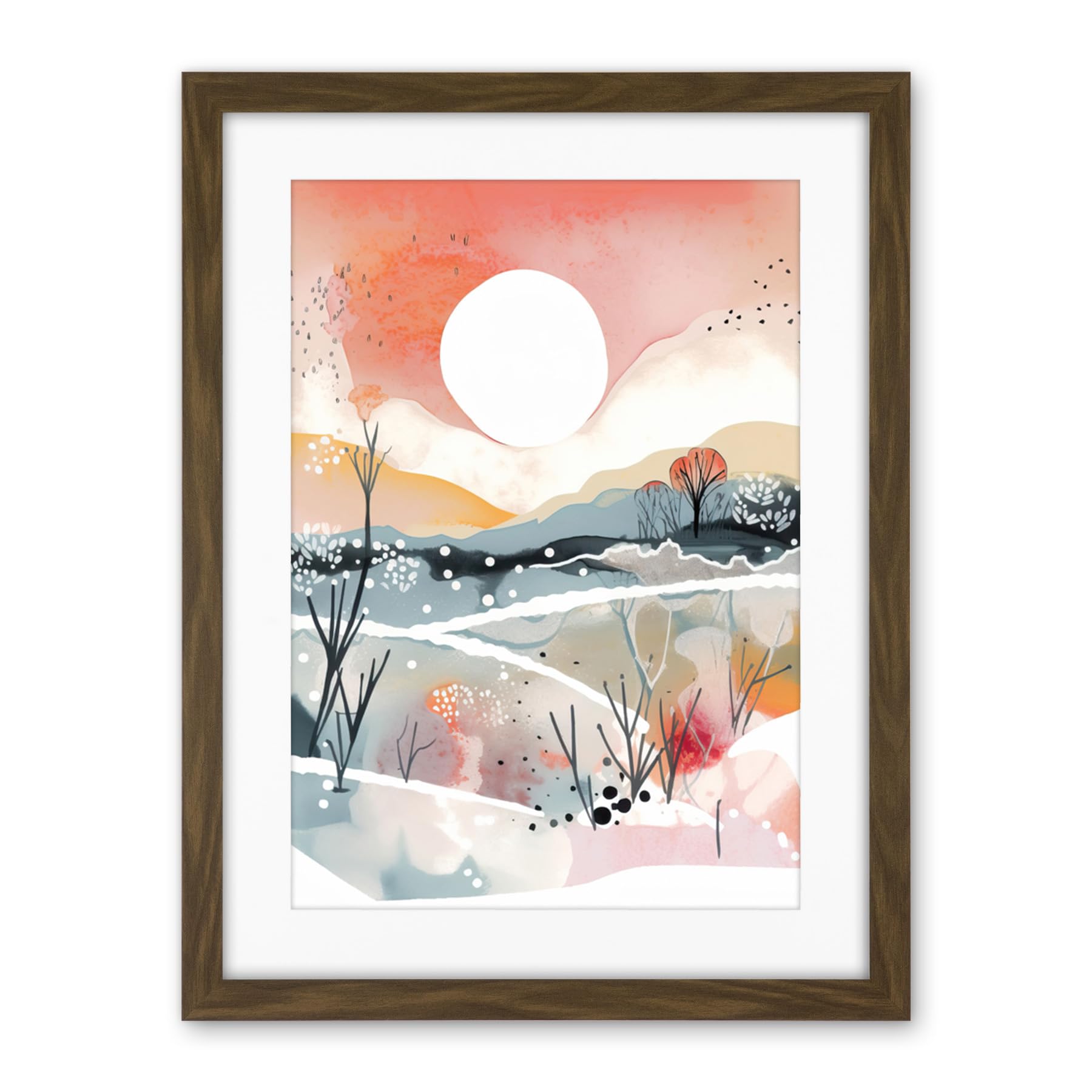 Artery8 Sunset in Winter Landscape Boho Modern Folk Art Artwork Framed Wall Art Print 18X24 Inch