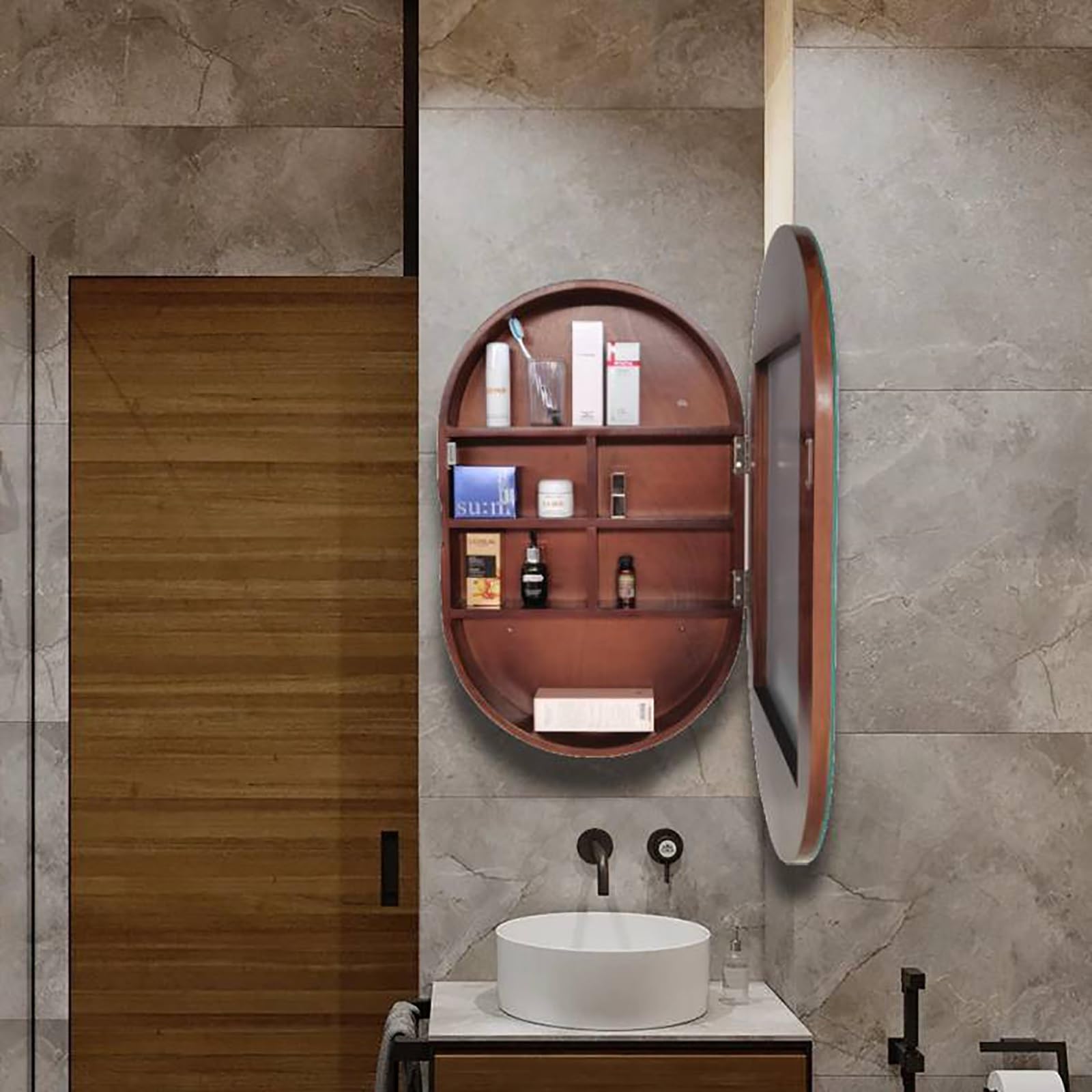 Botiquín con espejo, organizador de almacenamiento de madera arqueado montado en la pared para baño, sala de estar y dormitorio, ideal para inodoros y espacios compactos