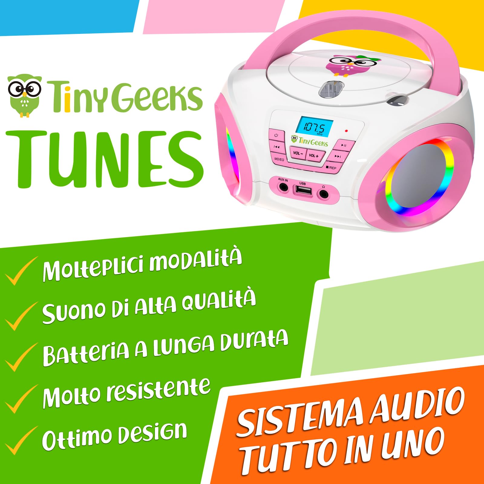TinyGeeks Tunes CD PLAYER BAMBINI - NUOVO - Radio FM - Batterie incluse - LETTORE CD BAMBINI con altoparlanti - Regalo perfetto - Rosa