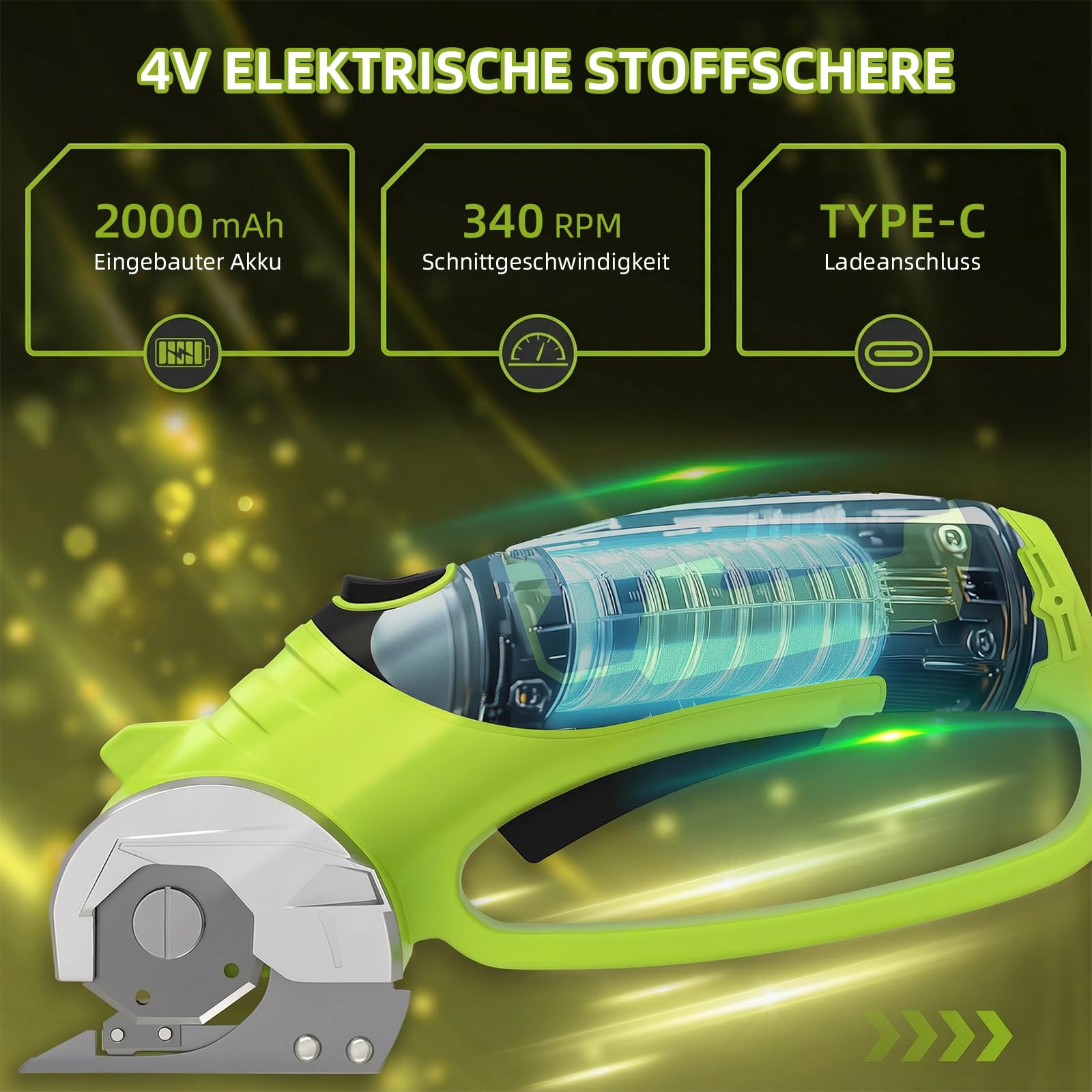 GARDTECH Elektrische Schere 4V Akku-Elektroschere für Karton, Kartonschneider für Stoff, Rollschneider mit LED-Licht für Bastelarbeiten, Leder, Kunststoff oder Teppich, grün