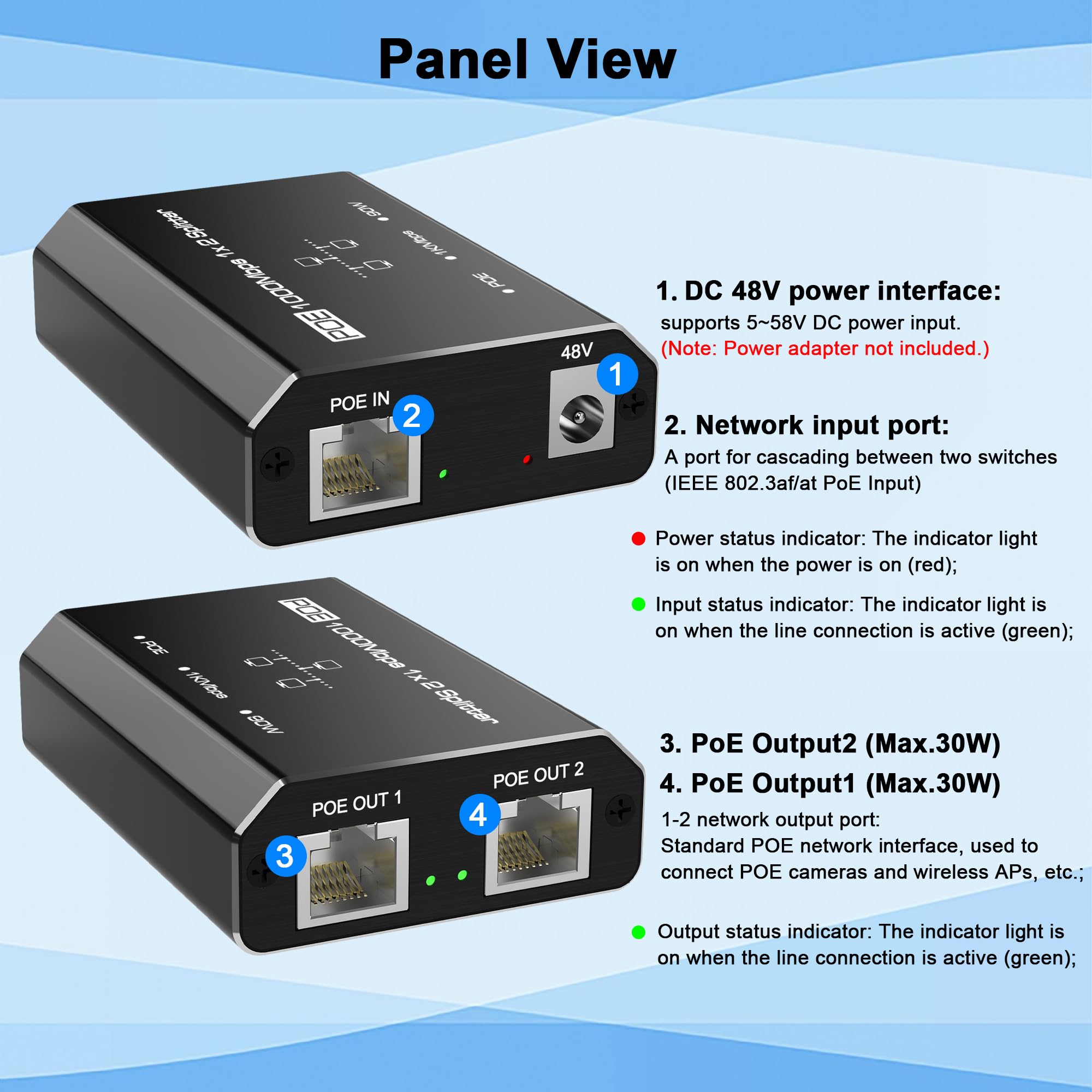 Commutateur PoE Gigabit, commutateur Ethernet Gigabit à 2 ports, répartiteur Ethernet, adaptateur non PoE vers PoE, hub réseau 1 entrée 2 sorties, fournit PoE (15,4 W) ou PoE+ (30 W), Plug & Play