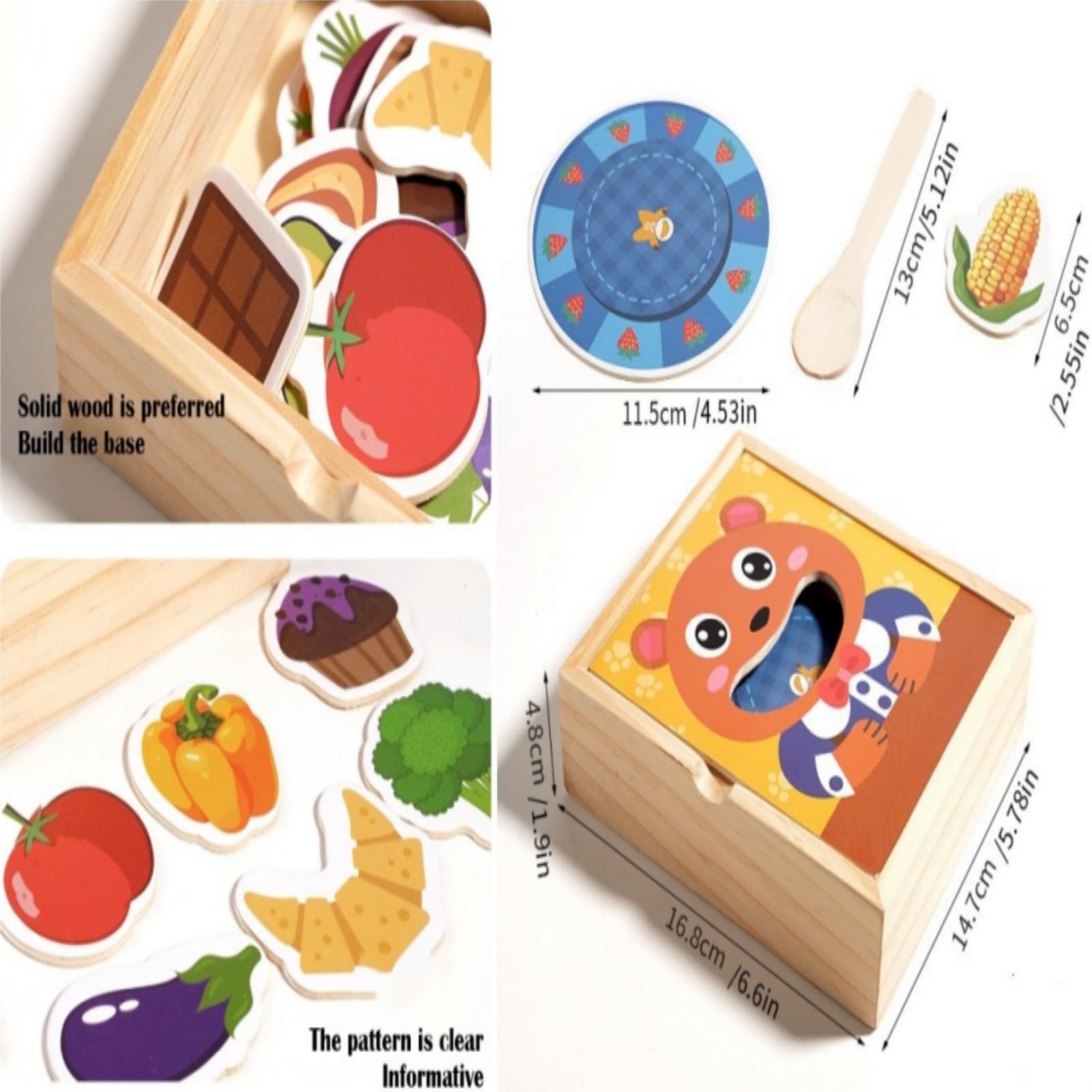 Juguete de alimentación de madera para niños pequeños: Montessori Juego de comida de juego de simulación para niños con 30 alimentos diferentes, cuenco y cuchara, juguetes de aprendizaje 8