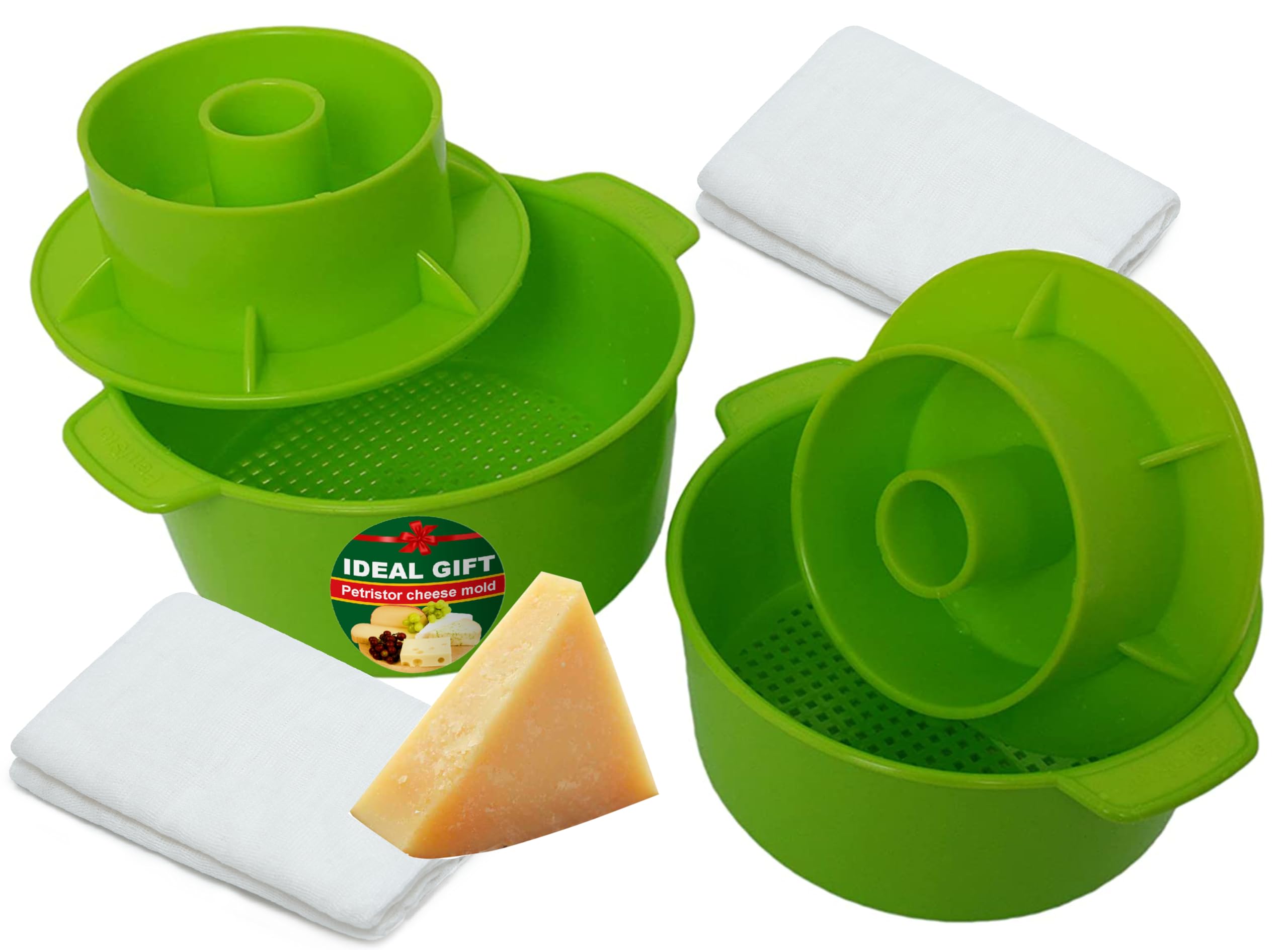 2 Pcs Cheese Mold for Cheese Making Cheese With Follower Piston Color Green - Cheesemaking Supplies - Cheese Form Mold - Cotton Cloth For Straining - Molde Para Queso Casero